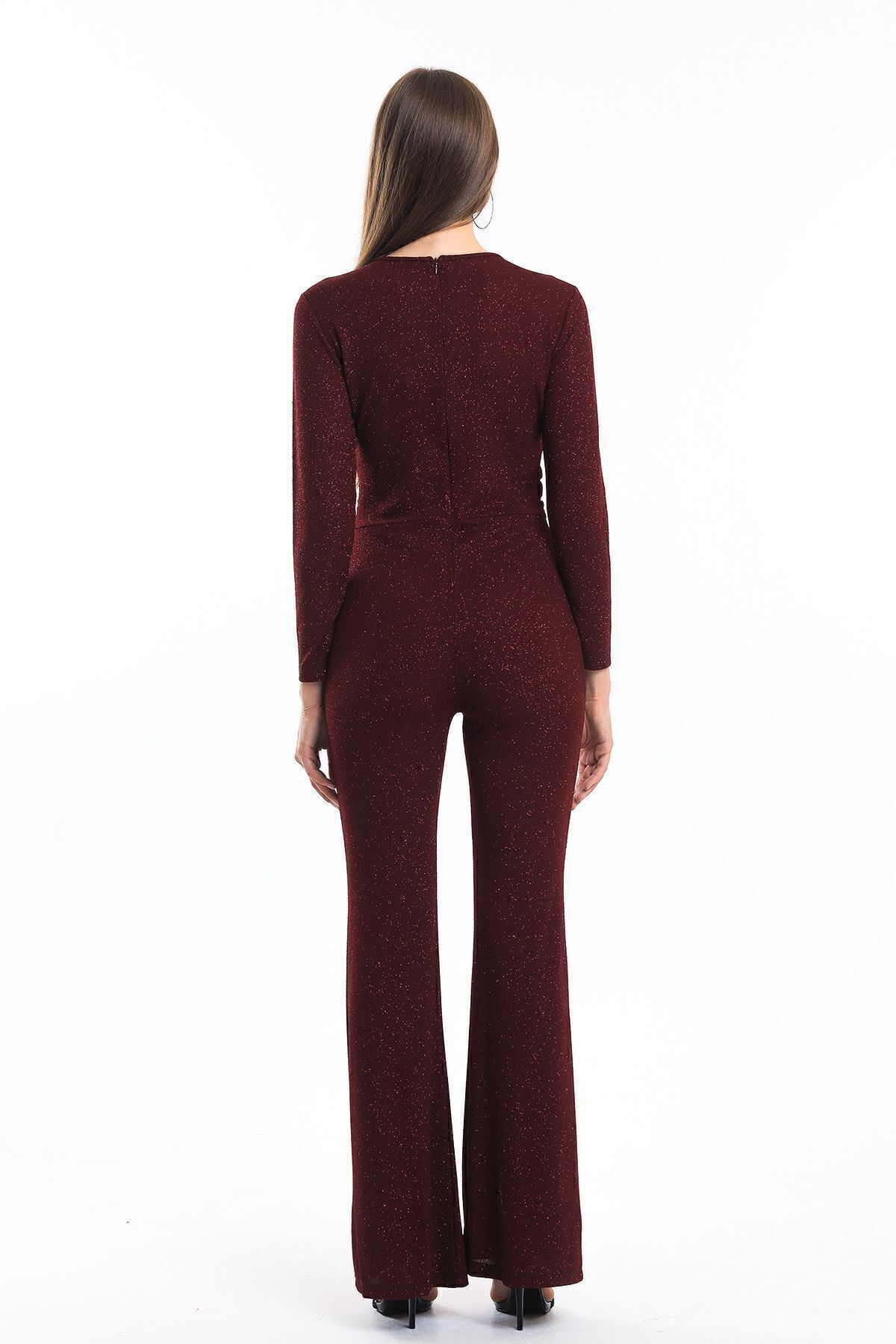 Sense-Double-breasted Glitter Knitted Crepe Evening Dress Jumpsuit| Tlm34170 Claret Red 5