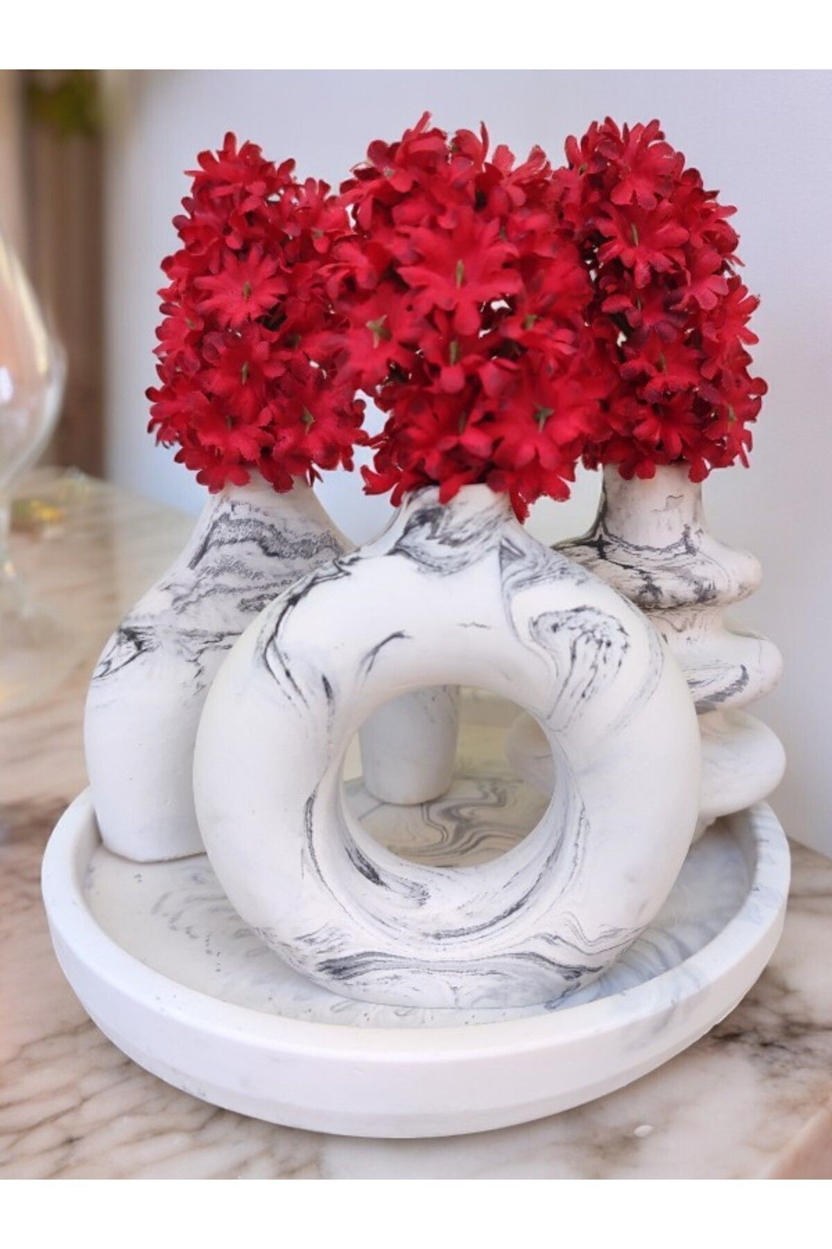 BSG HOME-Marble Patterned Household Accessory Set with Round Tray - Minimal Vase 2