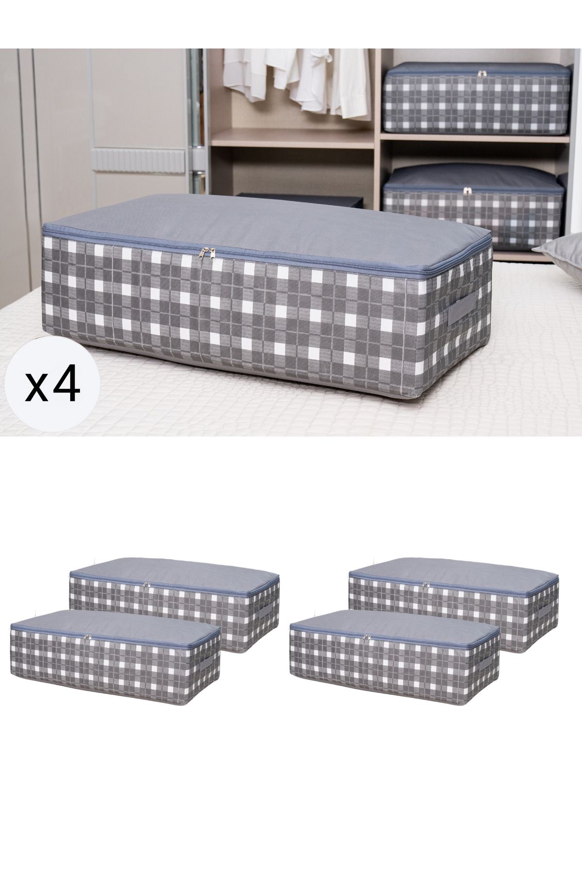 4 Pieces Mega Size Gray Square Pattern Plaid Base Bottom Organizer Pulp Set 75x40x20 cm