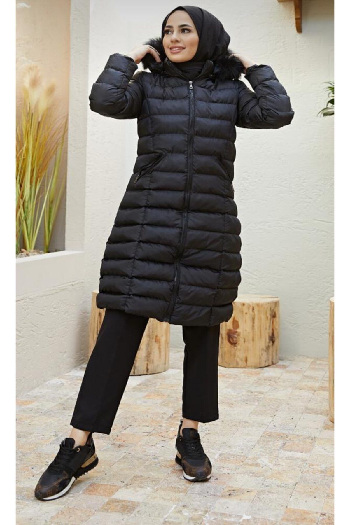 moda moda-Palton lung negru din puf 5