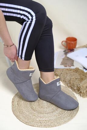 PNR TERLİK Unisex Gri Içi Yünlü Ev Pandufu Ev Botu Ev Ayakkabısı