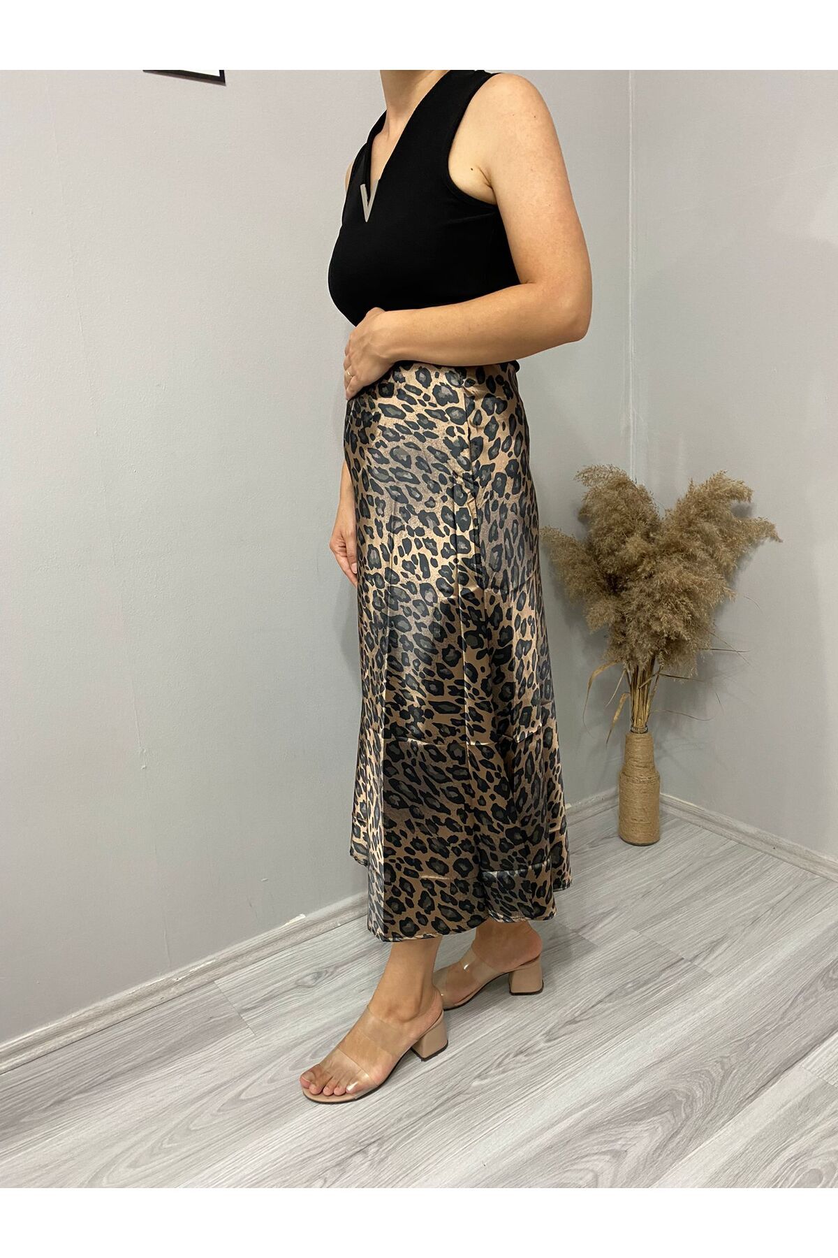 Mzr Collection Leopar Desen Saten Etek görsel 5