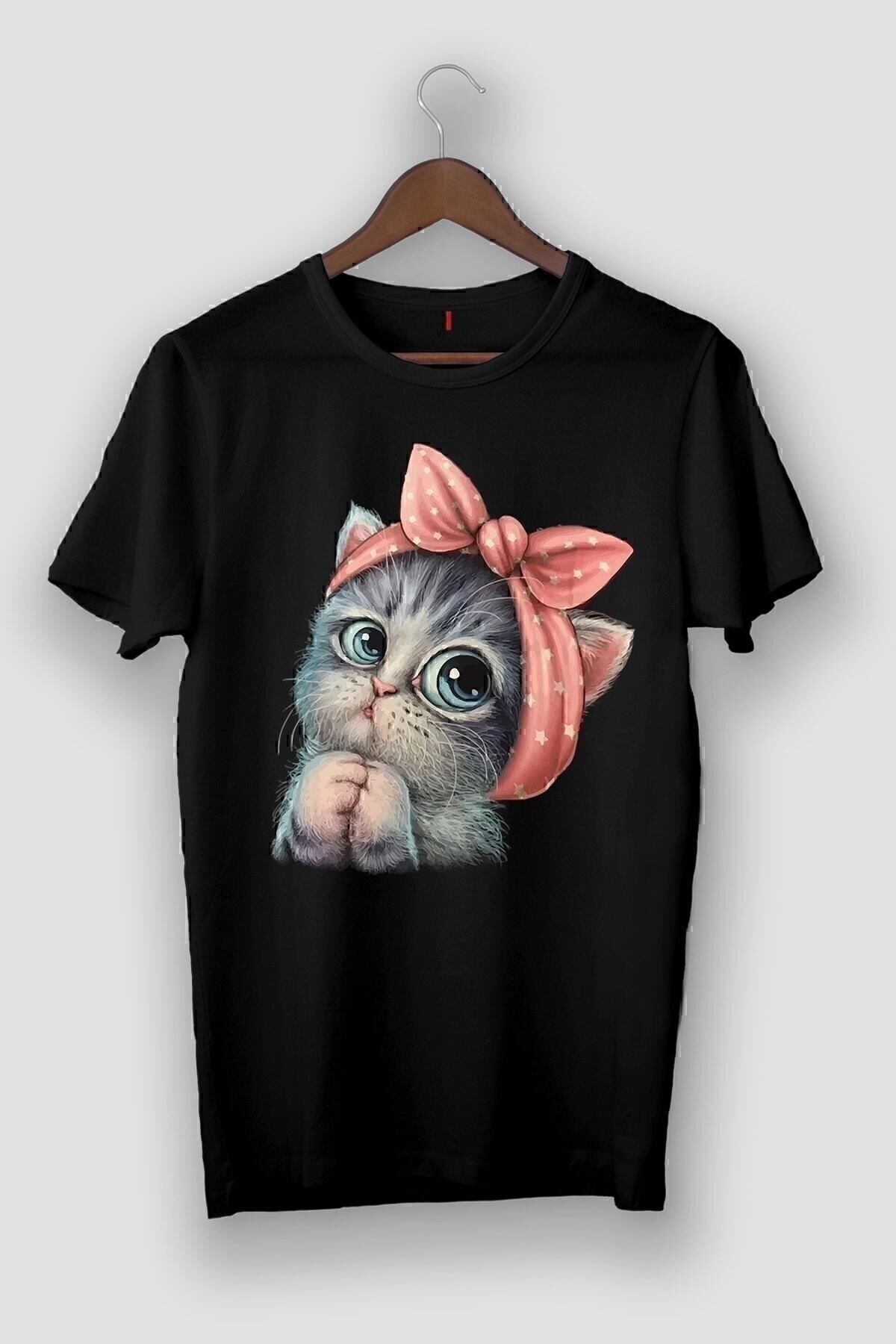 viptasarımtshirt Kadın Siyah Sevimli Minik Kedi Baskılı T-shirt