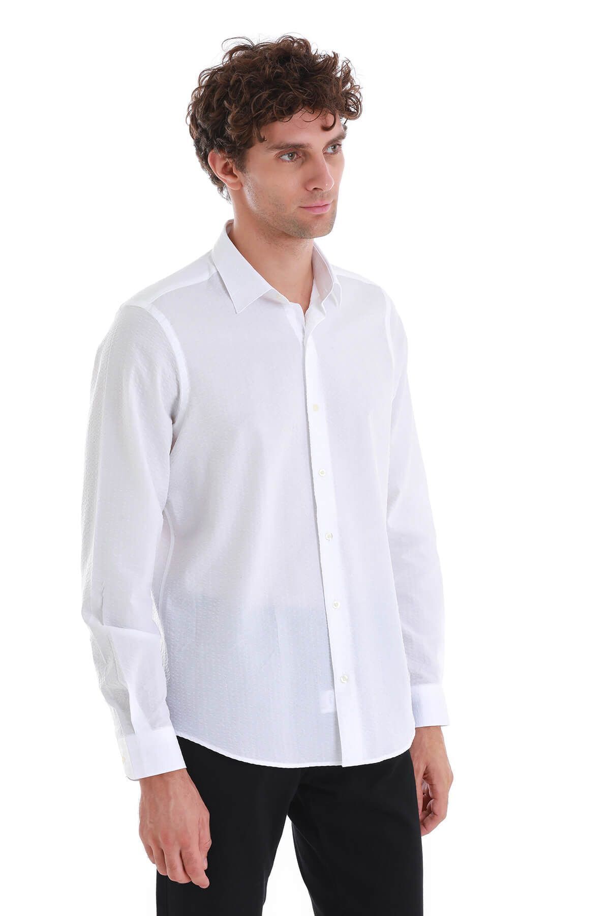 Hatemoğlu-White Comfort Fit Plain 100% Cotton Slim Collar Long Sleeve Sports Shirt 3