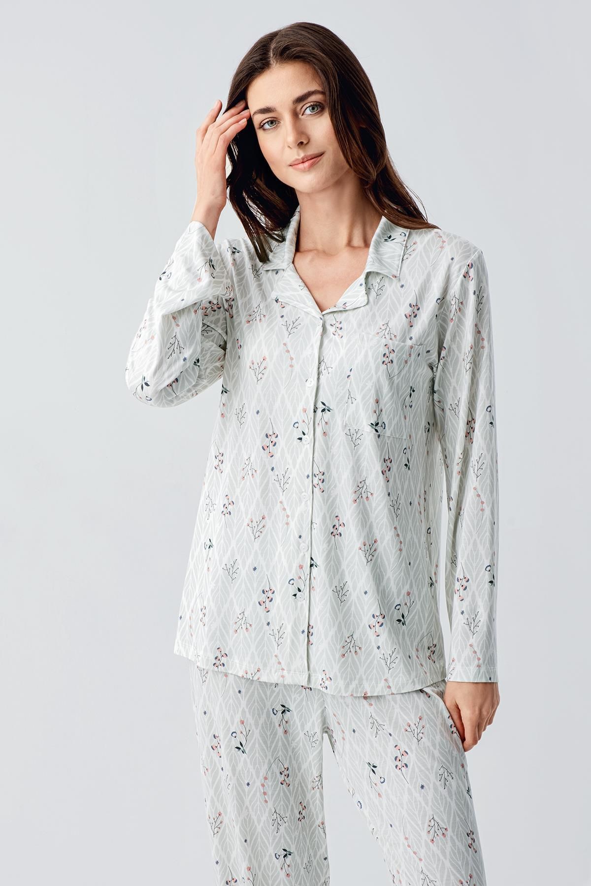 Artış-Flexible Viscose Pajama Set - Long Sleeve and Patterned Buttoned 3