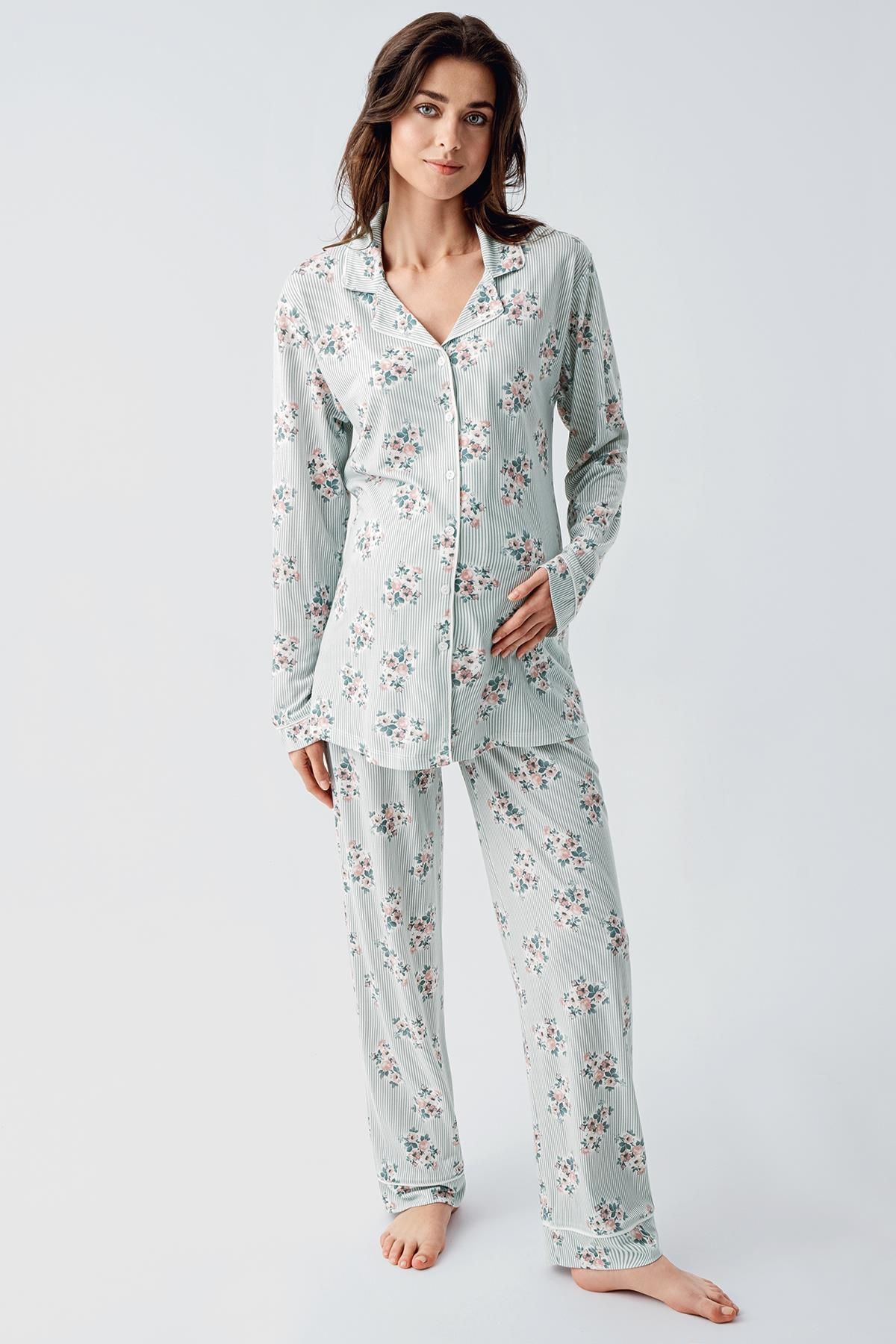 Artış-Flexible Viscose Pajama Set - Long Sleeve and Patterned Buttoned 5