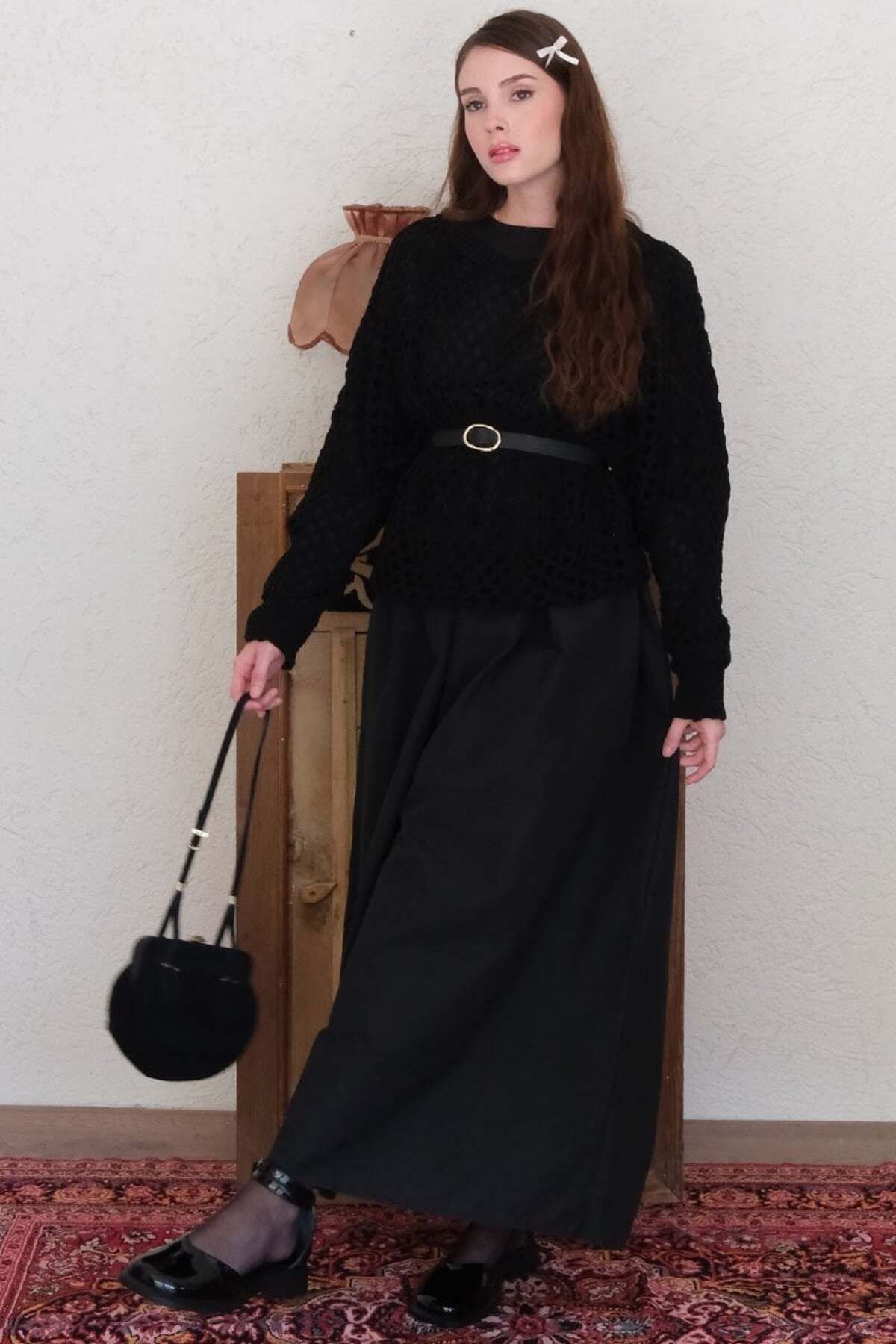 Ceylan Otantik-Black Knitwear Blouse - Balloon Sleeve and Waist Robe 4