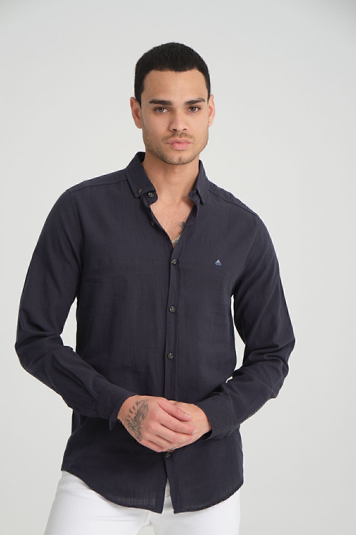 Manche-Men's Embroidered Linen Shirt - Dark Navy| Mes116488-01 7