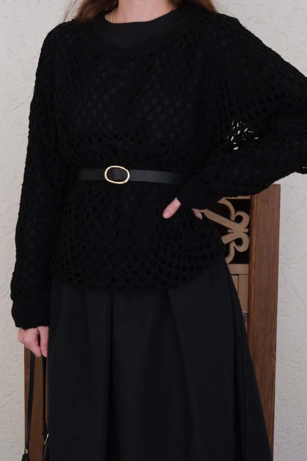Ceylan Otantik-Black Knitwear Blouse - Balloon Sleeve and Waist Robe 6