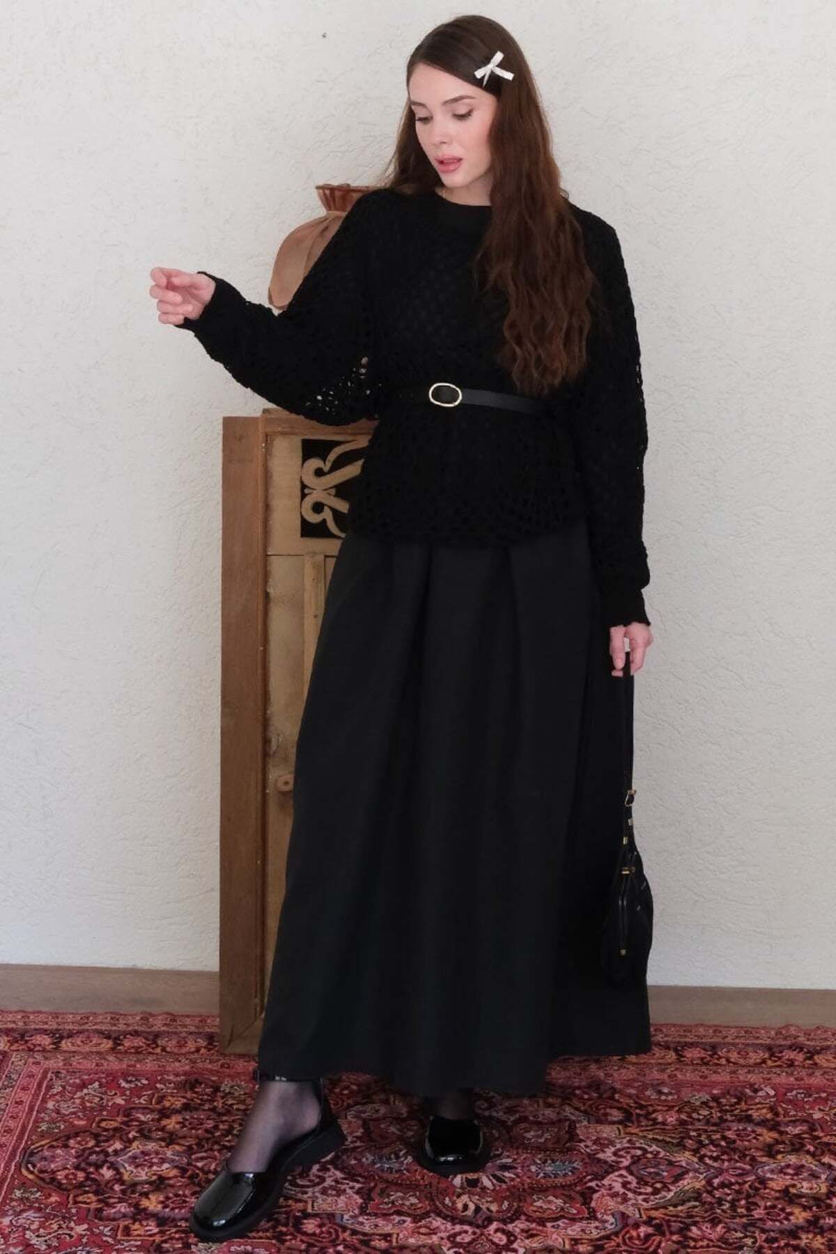 Ceylan Otantik-Black Knitwear Blouse - Balloon Sleeve and Waist Robe 2
