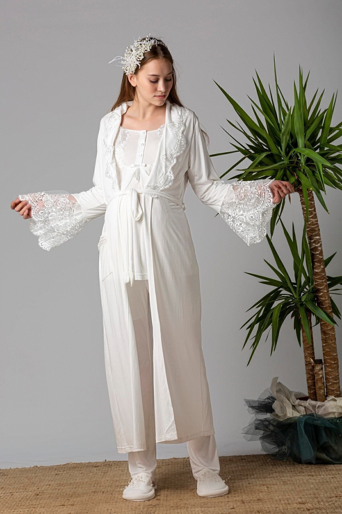 ByLohusa Ekru Sabahlıklı Hamile Lohusa Pijama Takımı