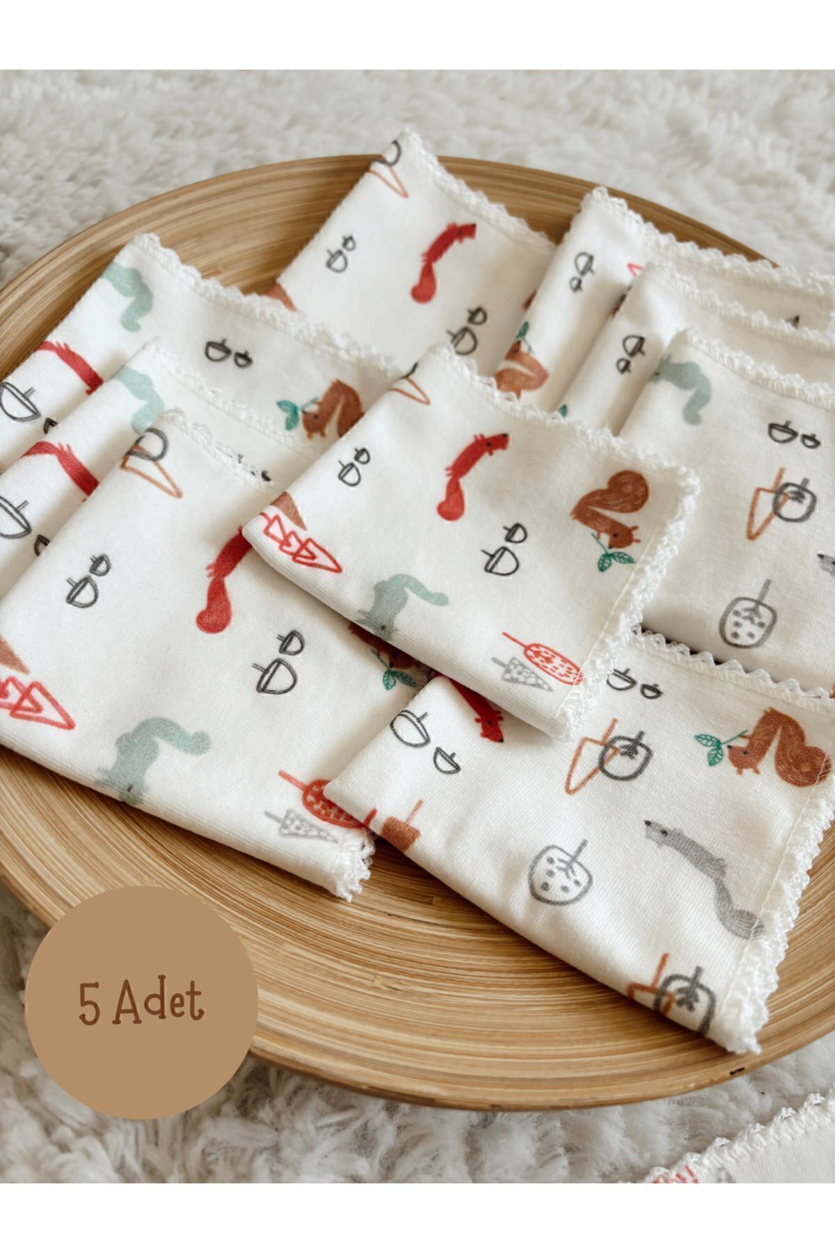 Cloudy Unisex Desenli 5 Adet Lüks 202-sincap Penye Mendil Yenidoğan %100 Pamuk Agız Bezi, Sırt Bezi (5 Adet