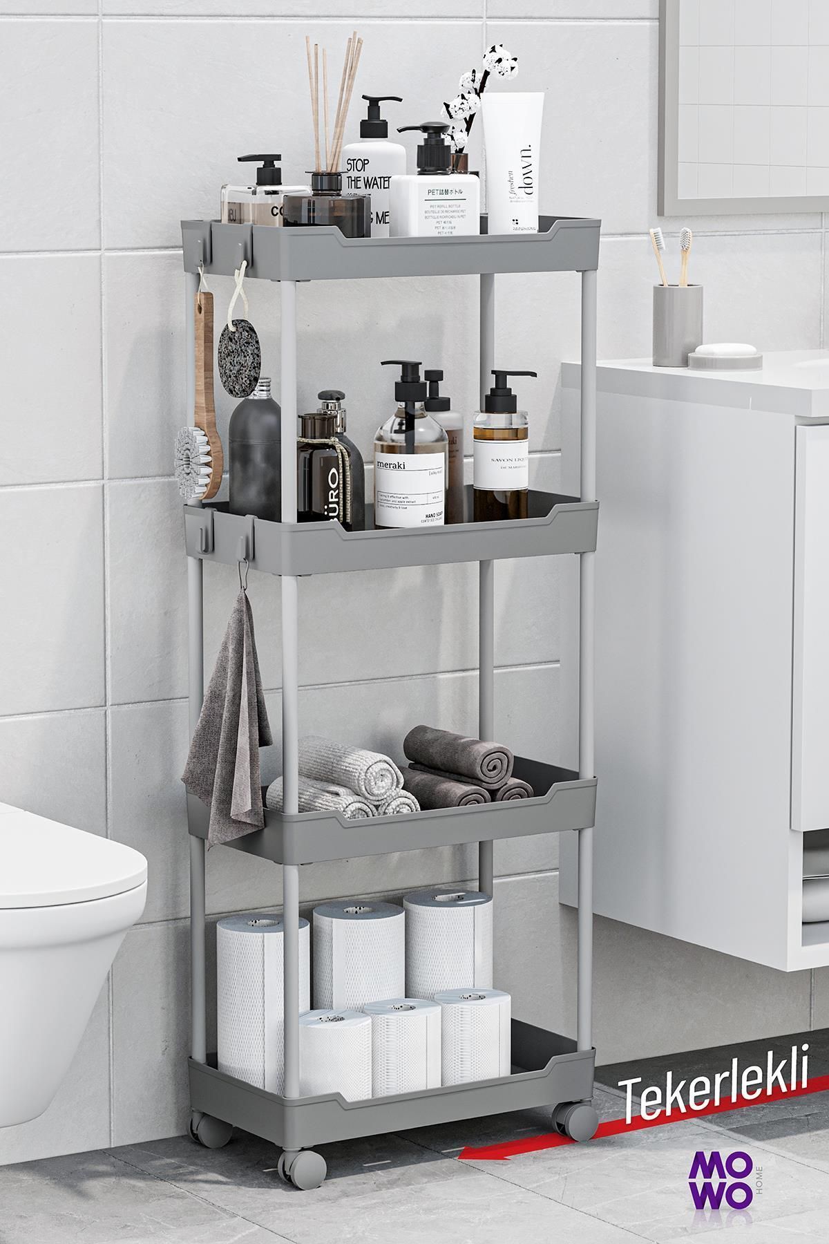 Mowo 4 Katlı Gri Tekerlekli Banyo Rafı, Mutfak Rafı, Havluluk, Deterjanlık Makyaj Organizer Vesken