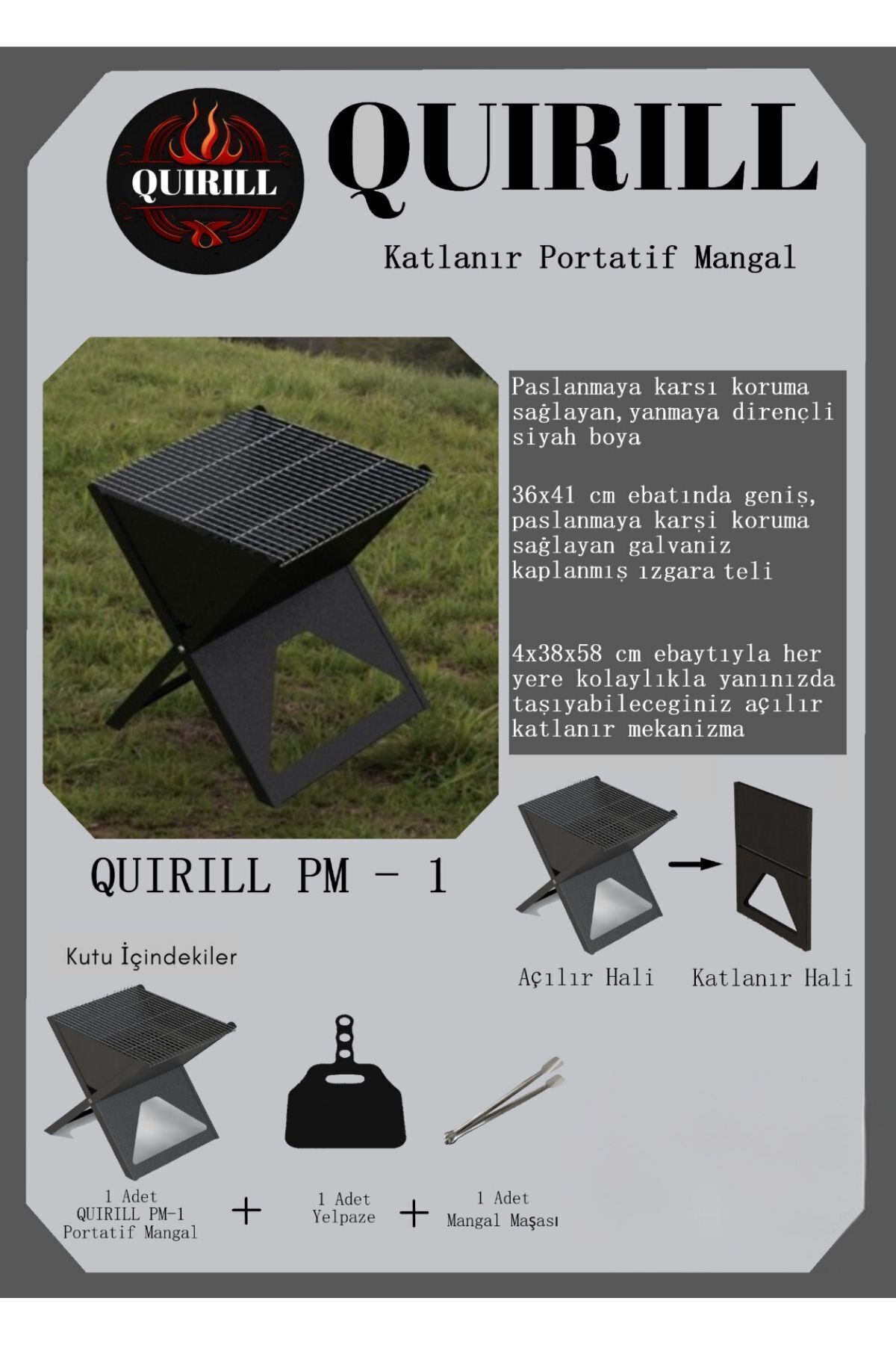 Katlanabilir Paslanmaz Portatif Mangal Seti Yelpazeli Maşalı 3