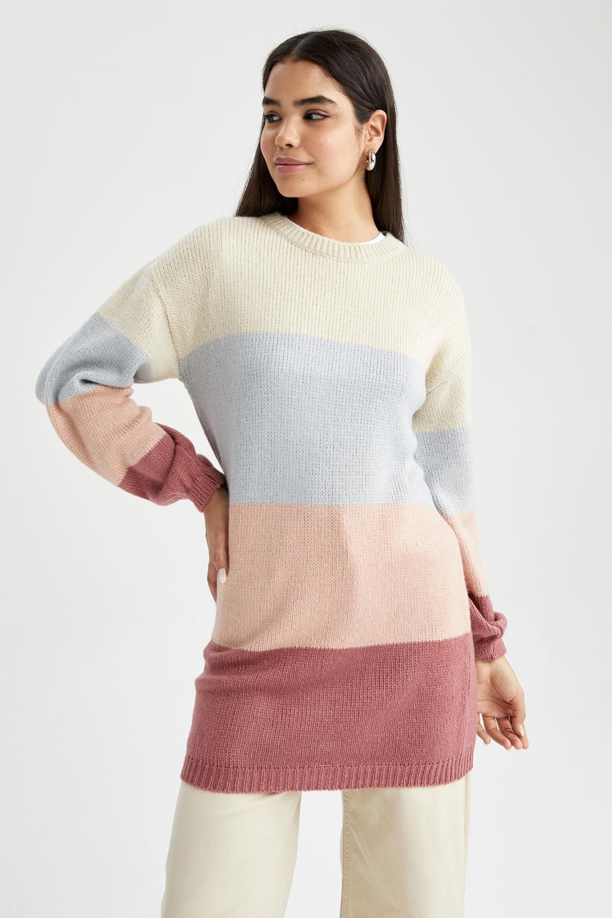 DeFacto-Regular Fit Crew Neck Color Block Basic Plain Tunic Z8082Az22Wn 5