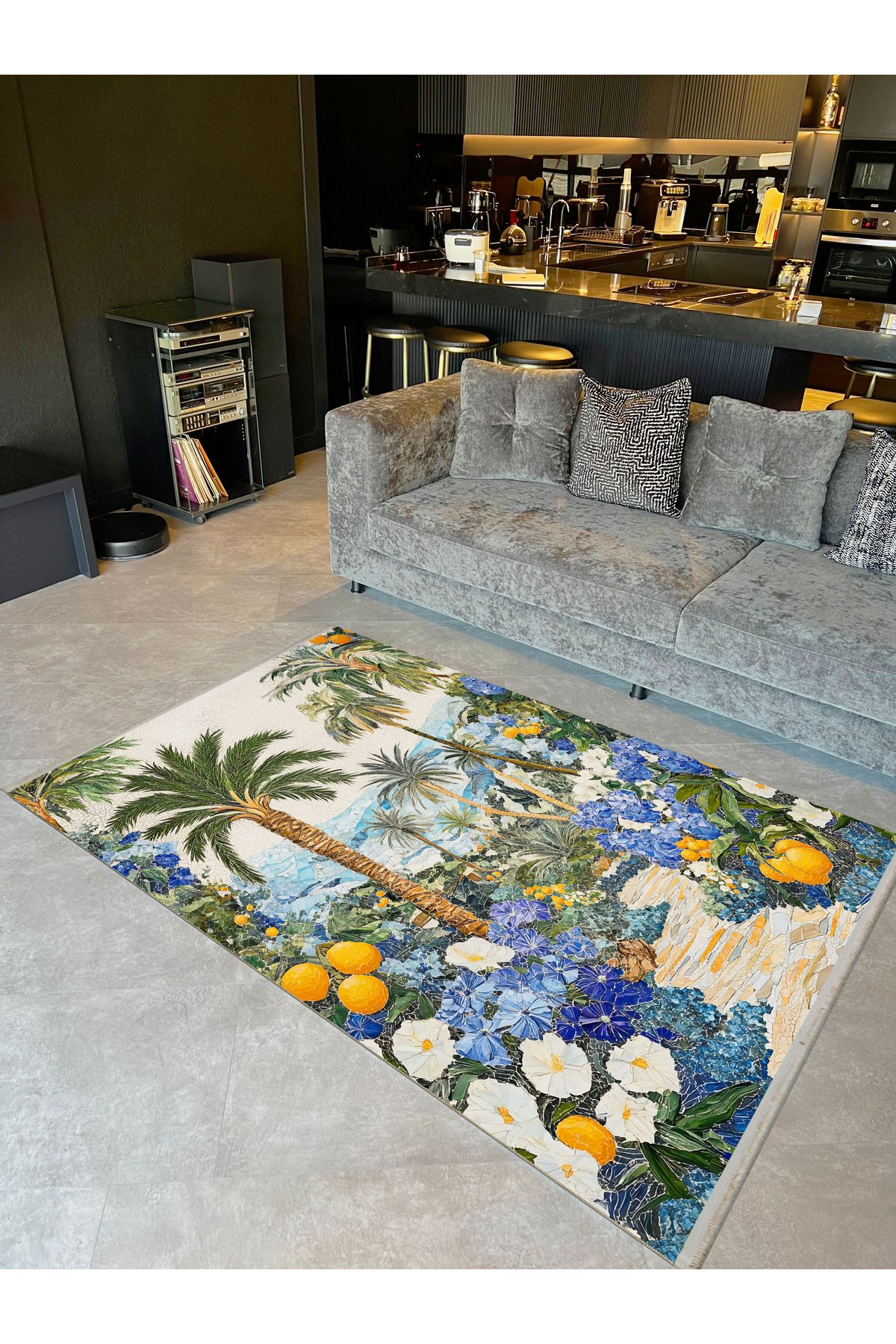 Paris Collection Tropical Patterned Mosaic Look Modern Decorative Carpet with Palm Detail paris34