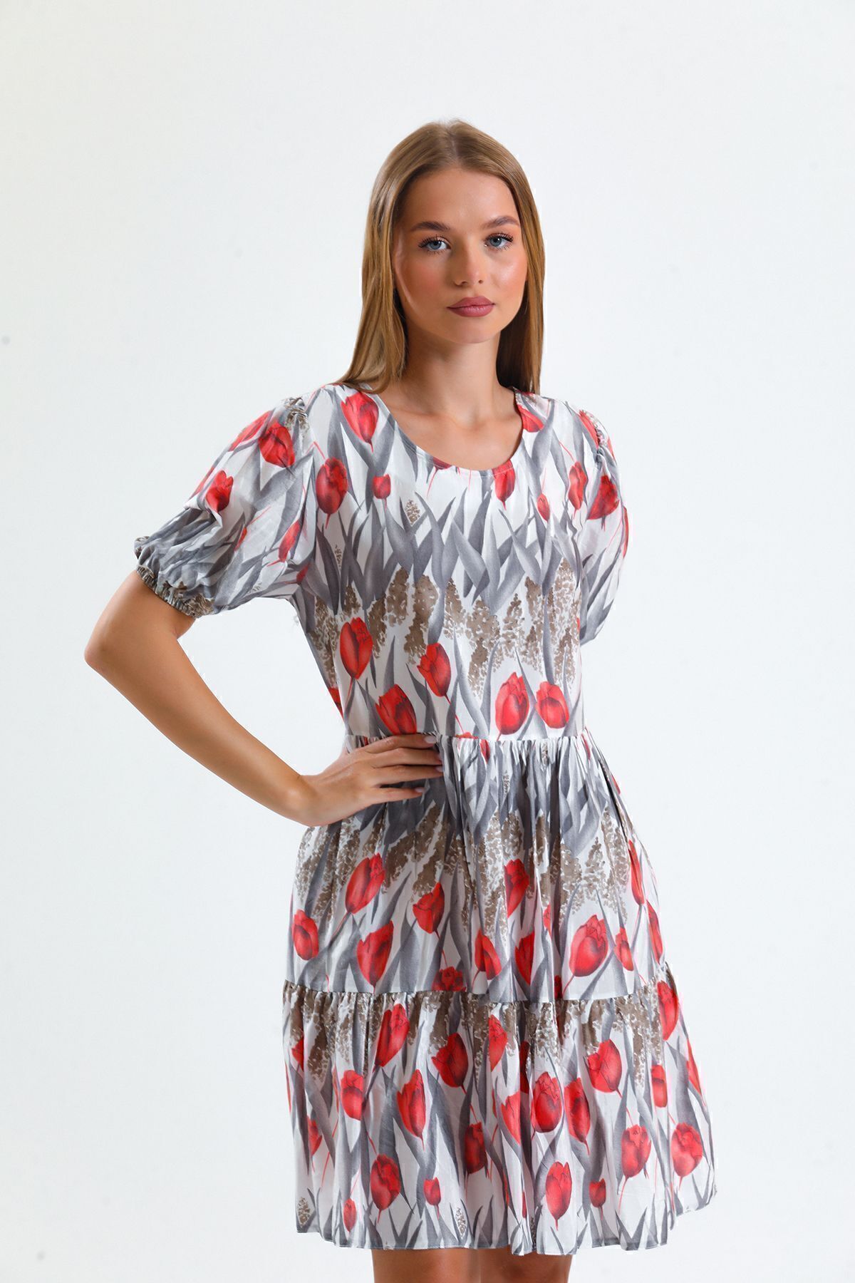 Sense-Tulip Print Dress with Drop and Pockets - Elastic Cuffs, Elb34306 Red 2