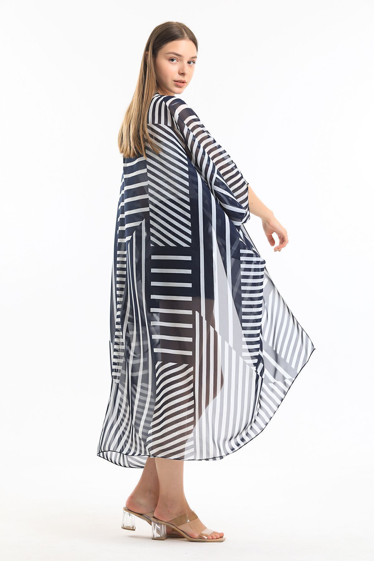  Sense Laci Kalın Çizgili Şifon Plaj Kimono | ELB33597