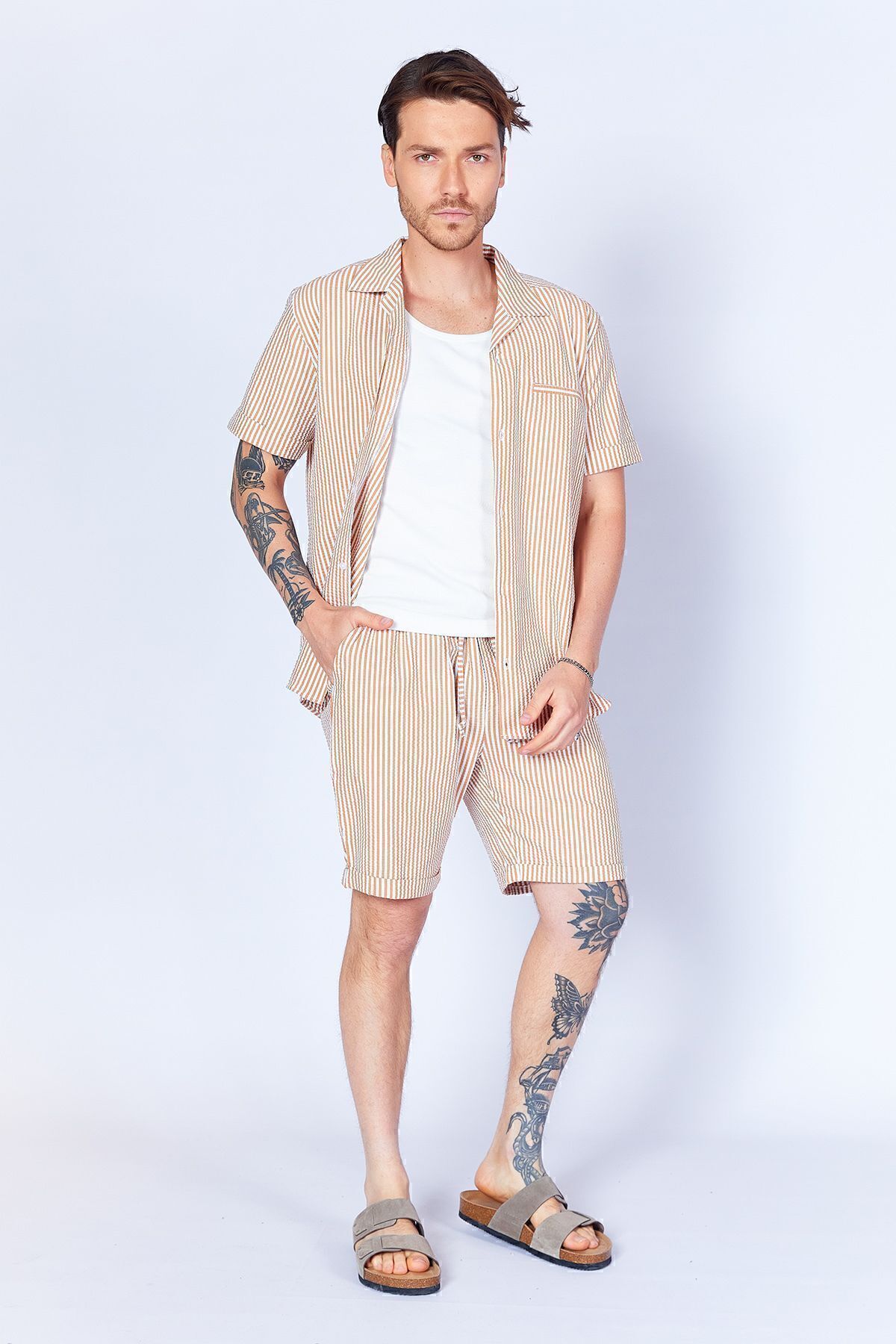 MAN EDITION-Men's Jogger Shorts - Camel Seersucker Striped, Elastic Waist| Ees650453-0453 7