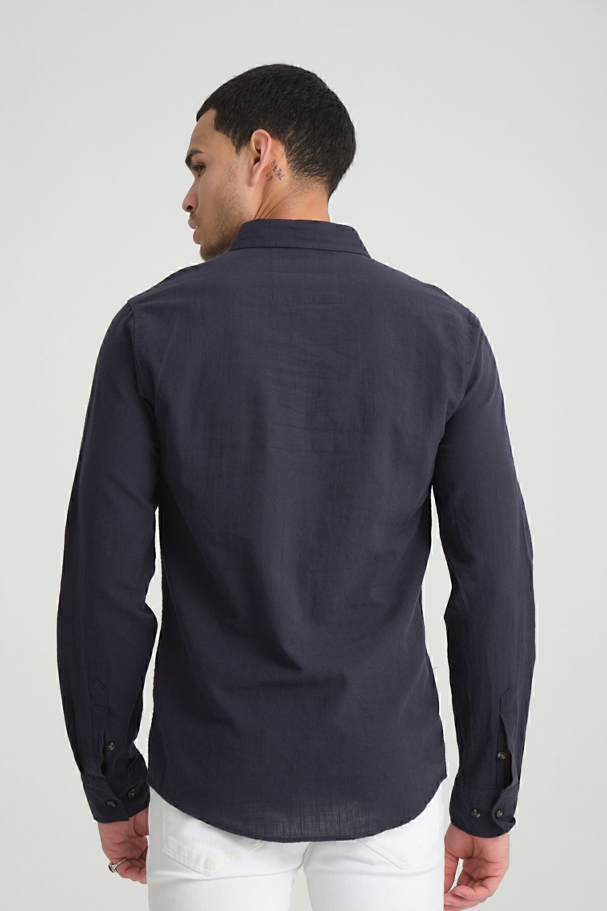 Manche-Men's Embroidered Linen Shirt - Dark Navy| Mes116488-01 5