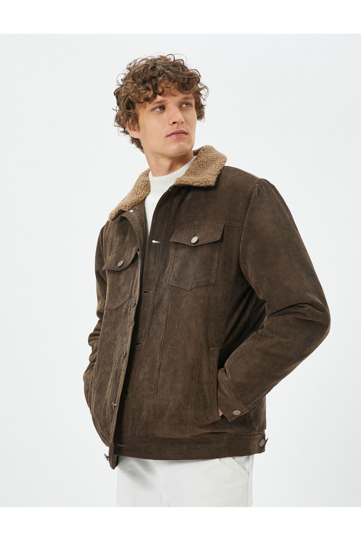 Koton-Velvet Look Jacket with Plush Collar Detail and Double Pockets and Buttons 1