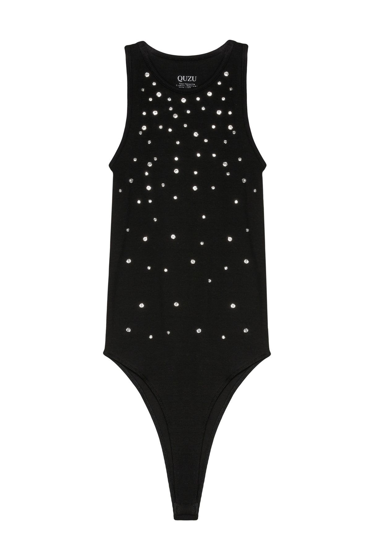 Quzu-: Black Halter Collar Bodysuit - With Stone Accessories 2