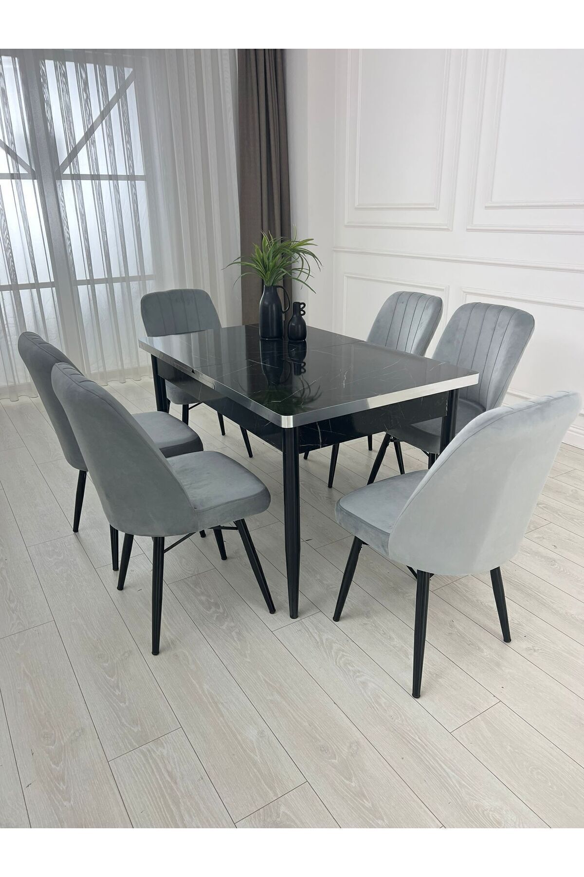 Açılabilir Yemek Masası Takımı Mdf Masa Takımı Siyah Mermer Desenli Yemek Masası