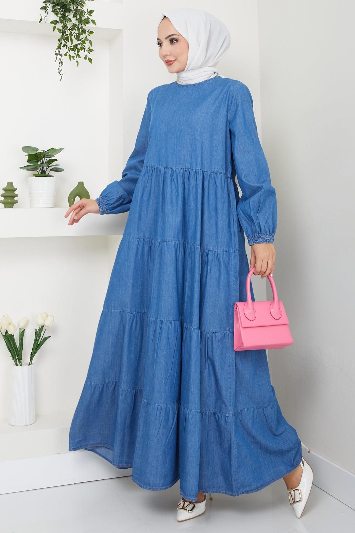 Tiered Denim Dress Light Blue HM2503