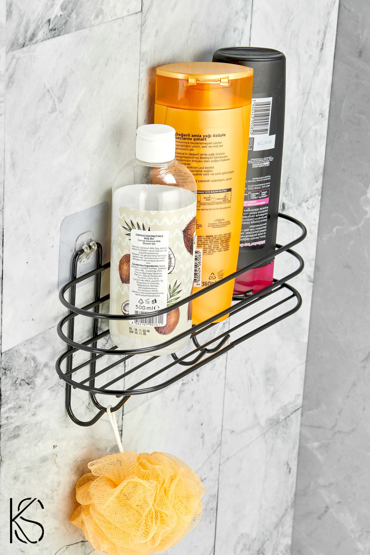 Black Adhesive Bathroom Organizer Shampoo Holder Oval Bathroom Shelf 4 Straps Shower Shelf Organizer