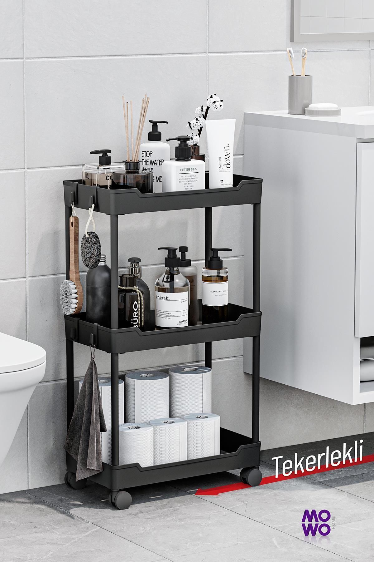 Mowo 3 Katlı Siyah Tekerlekli Banyo Rafı, Mutfak Rafı, Havluluk, Deterjanlık Makyaj Organizer Vesken