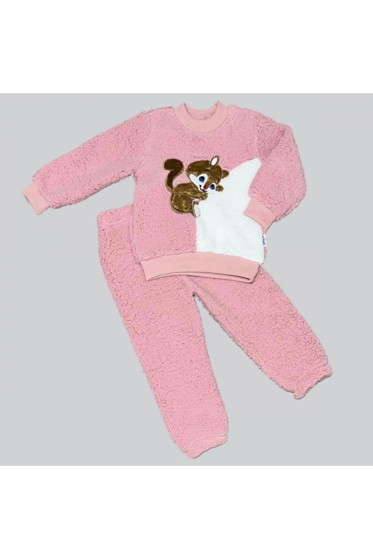 1-2-3 Yaş Masum Yavru Sincap Nakışlı Kuzu Kumaş Sweat Pantolon 2li Kız Erkek Bebek Takımı