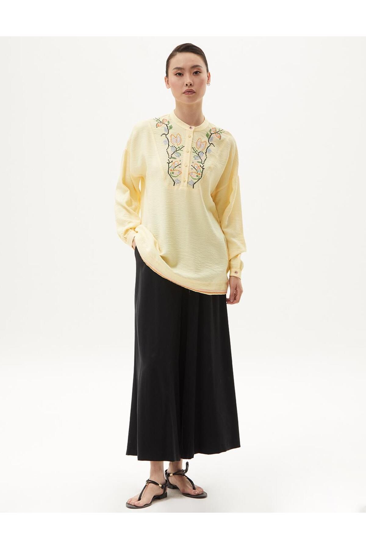 Kayra-Yellow Embroidered Half Placket Blouse 1