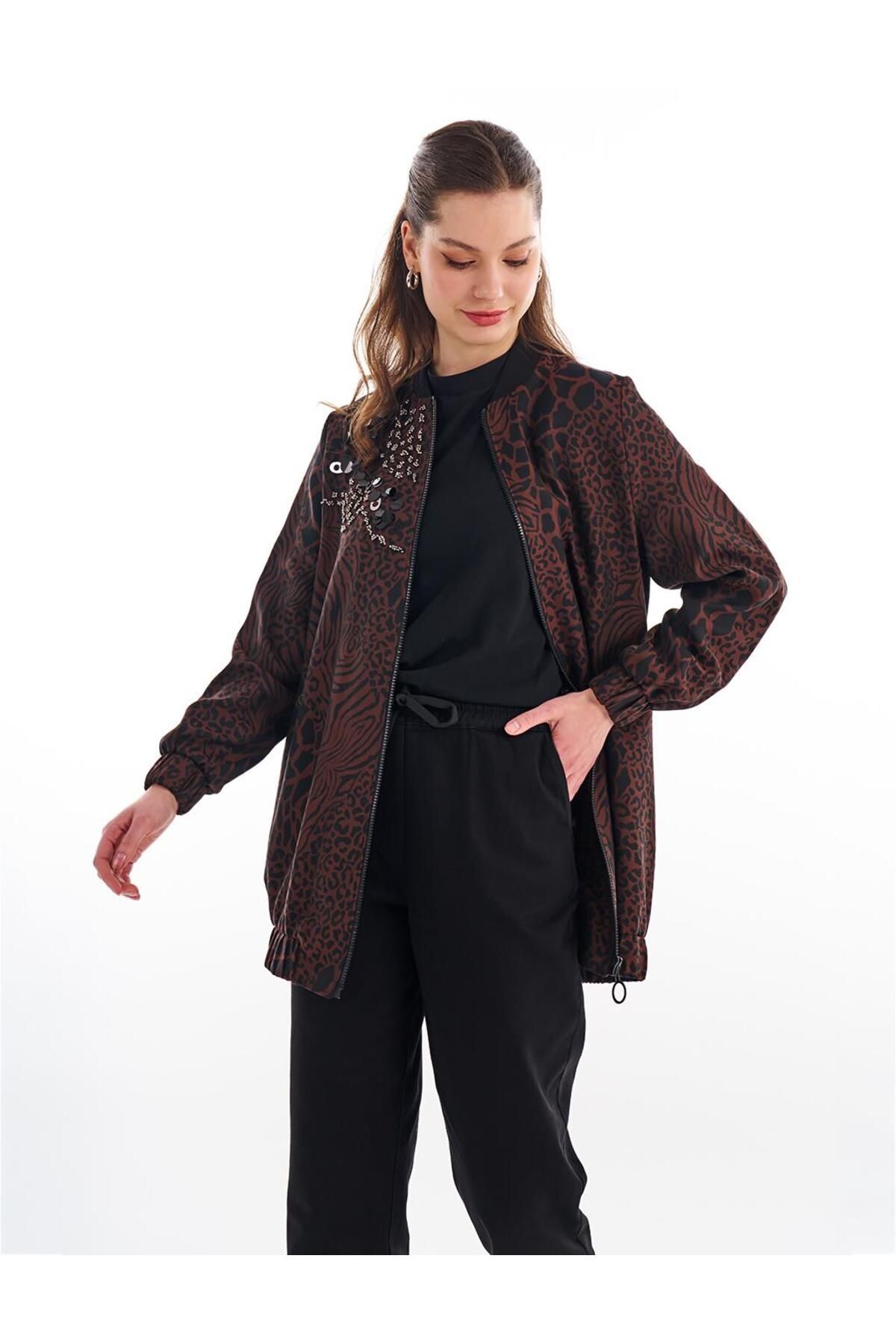 KYR-Jachetă cu fermoar cu model Animal Print Maro 7