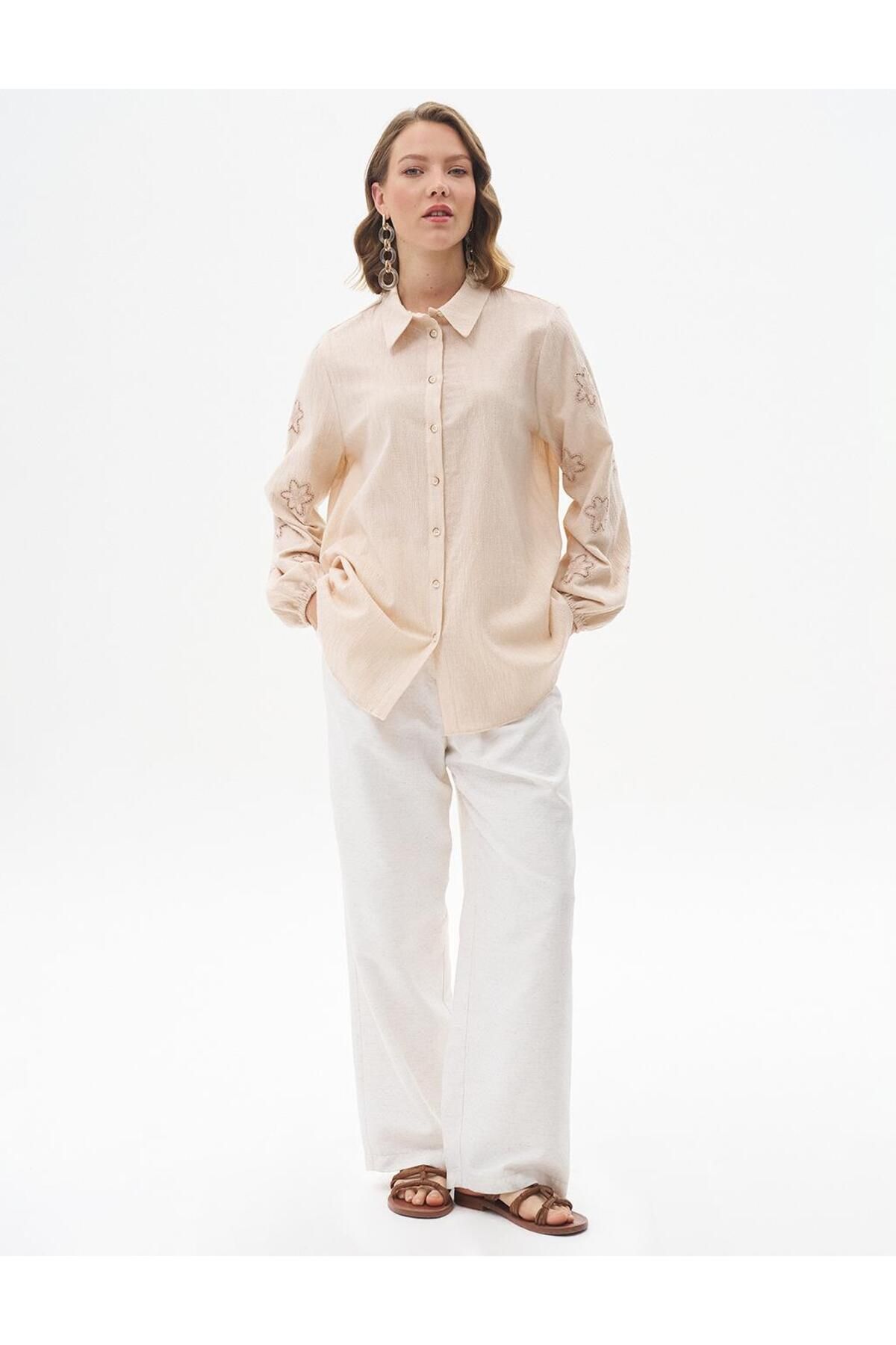 Vivencia-Cream Colored Cotton Shirt Collar Blouse 1