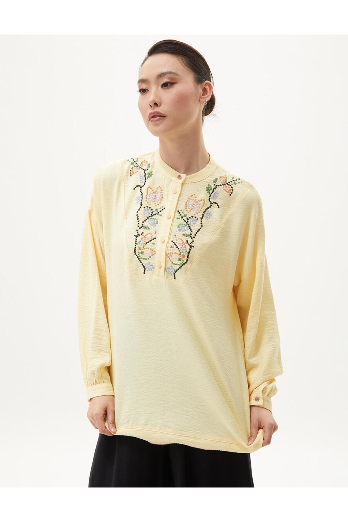 Kayra-Yellow Embroidered Half Placket Blouse 2