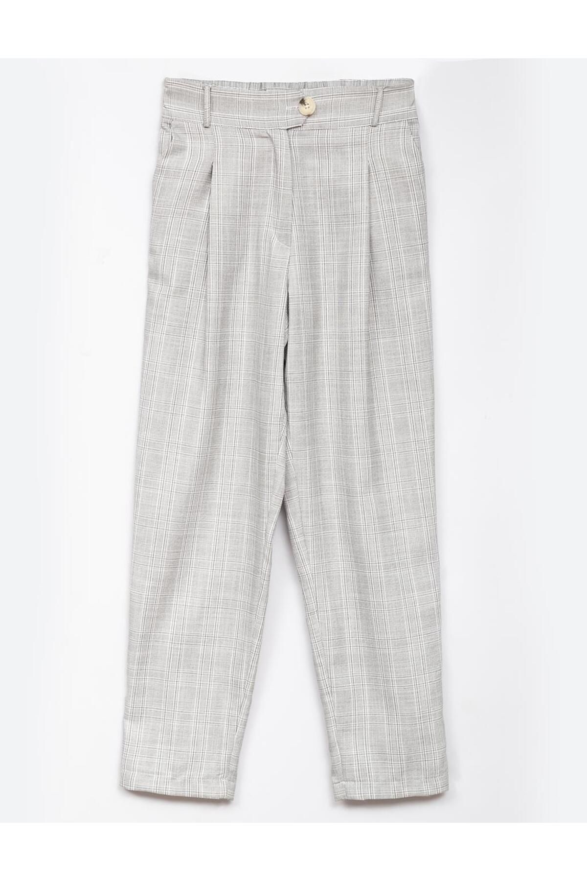 Kayra-Elastic Waist Pleated Plaid Trousers Gray 1