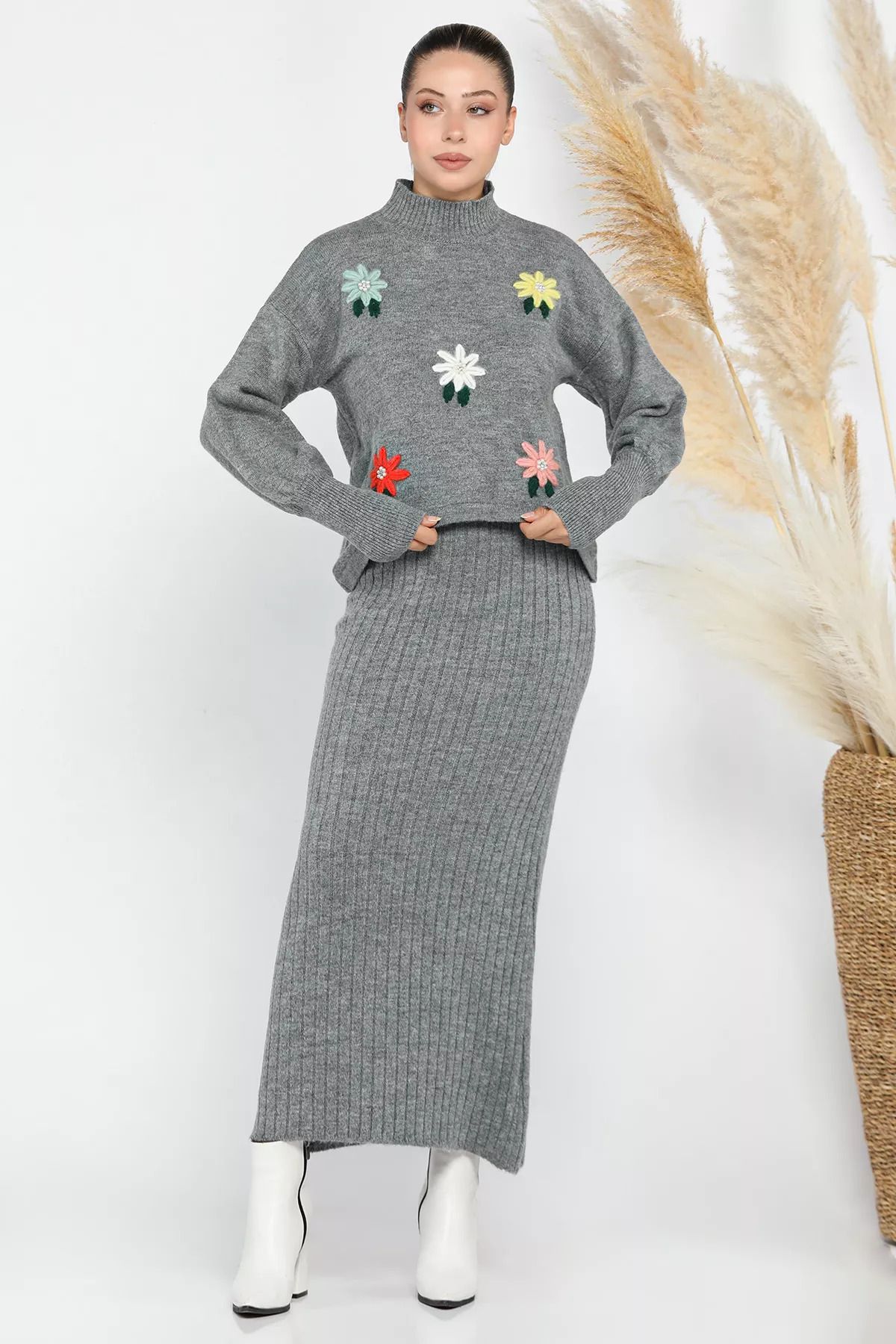 GÜLSELİ-Gray Women's Half Turtleneck Embroidered Knitwear Blouse Dress Double Set 2