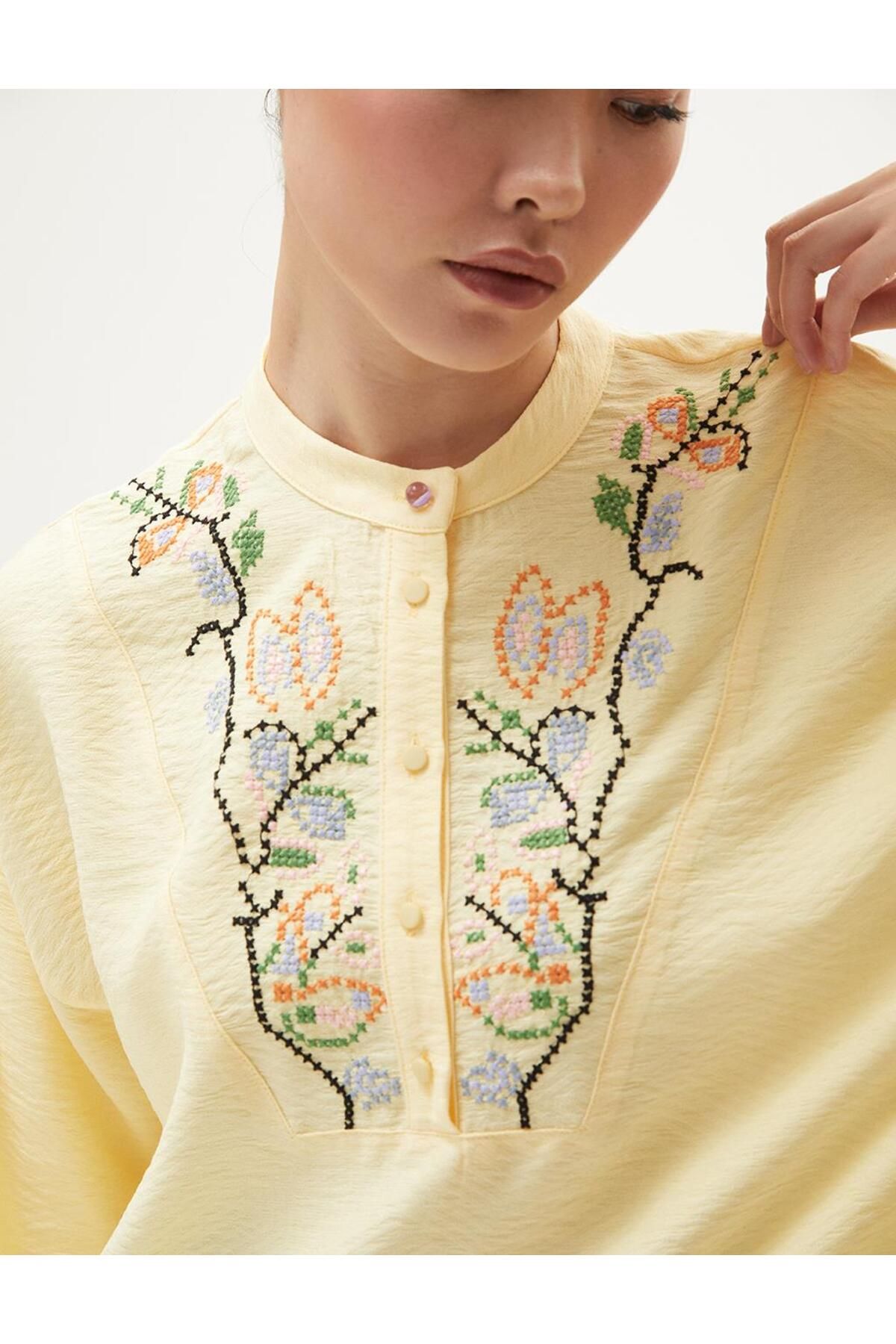 Kayra-Yellow Embroidered Half Placket Blouse 4