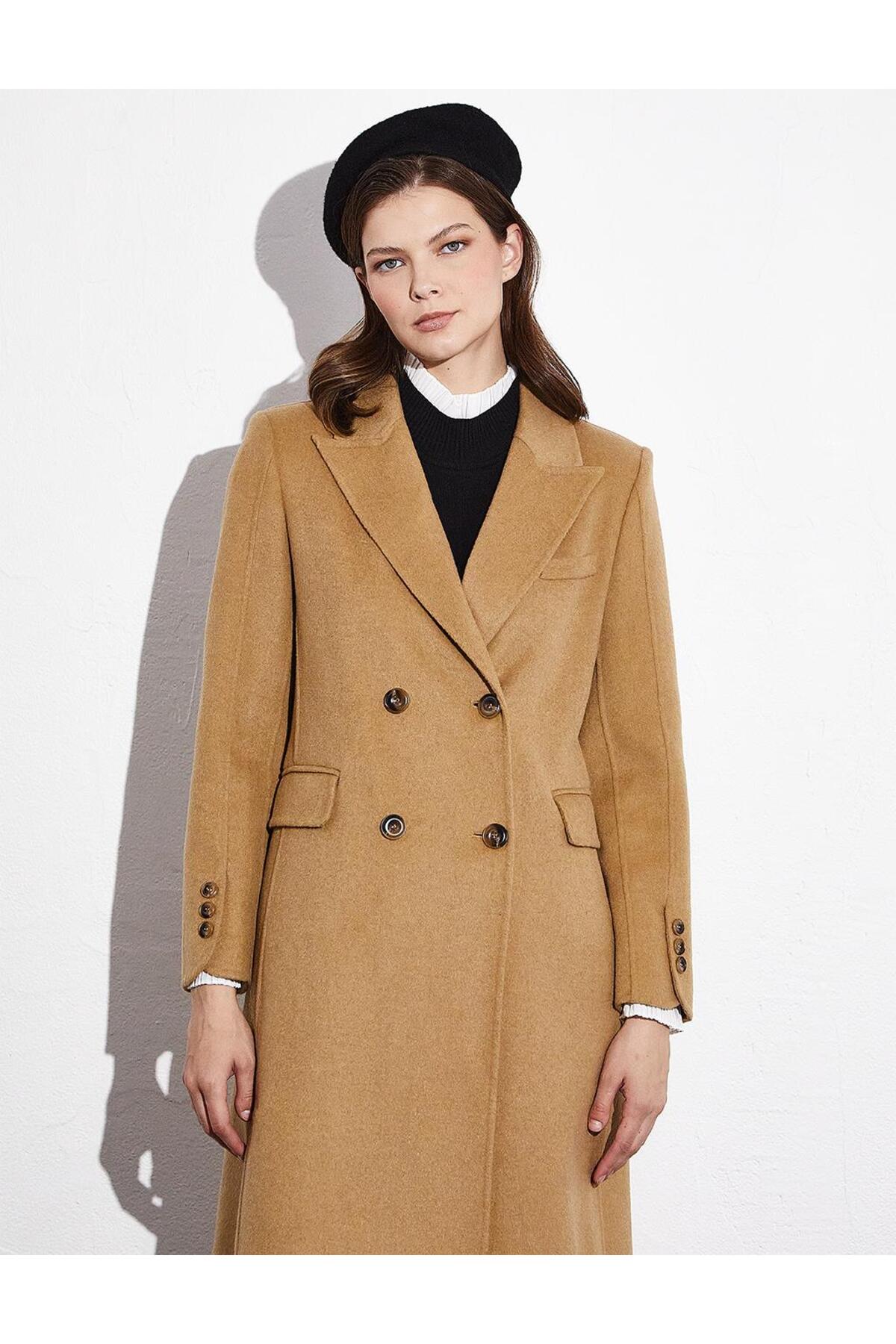 Kayra  Premium Yün Çift Düğmeli Kaban Camel - Görsel 7