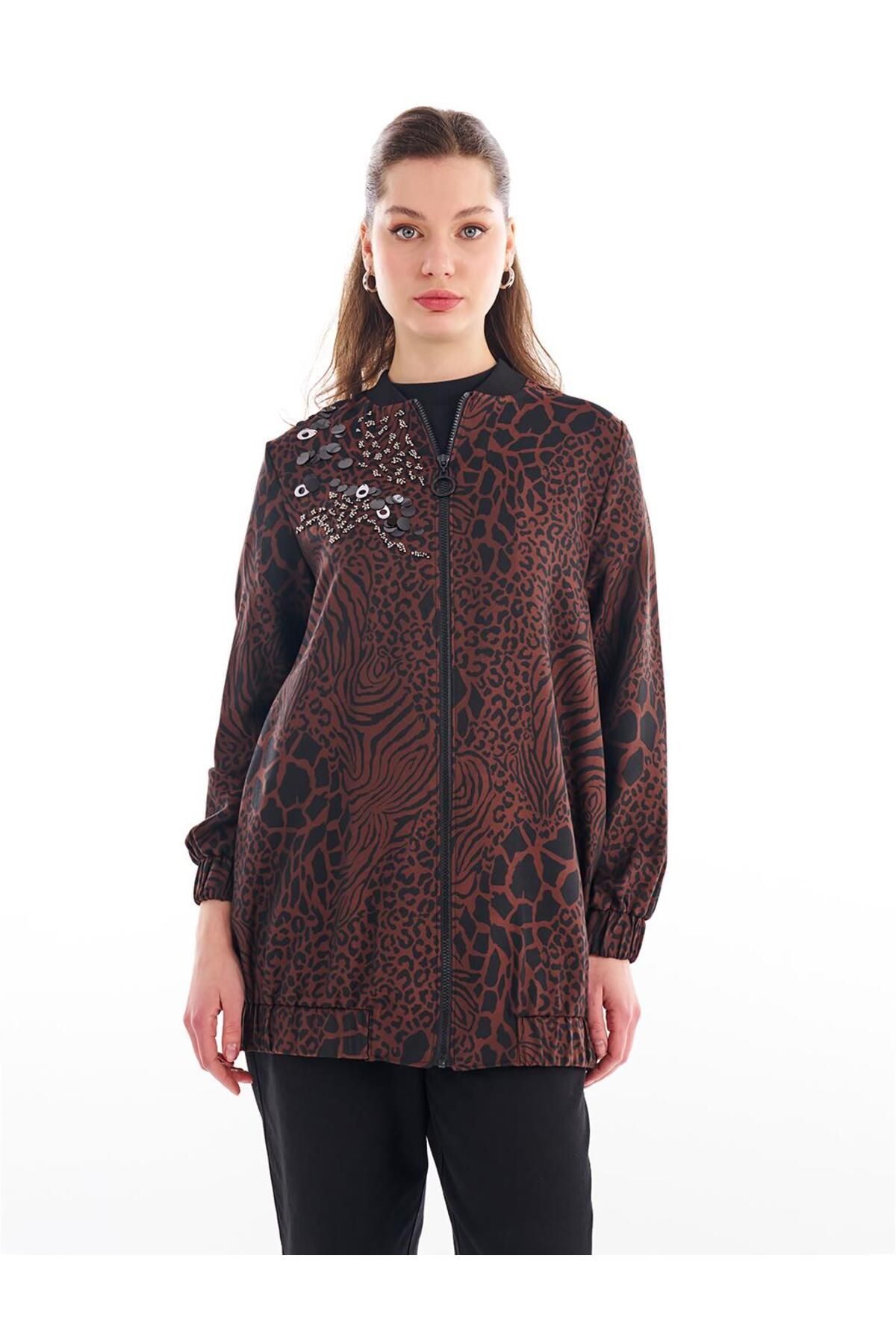 KYR-Jachetă cu fermoar cu model Animal Print Maro 1