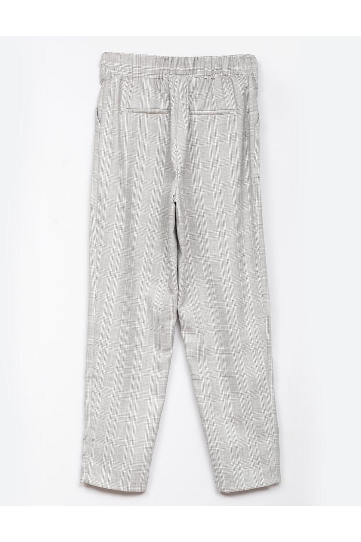 Kayra-Elastic Waist Pleated Plaid Trousers Gray 3