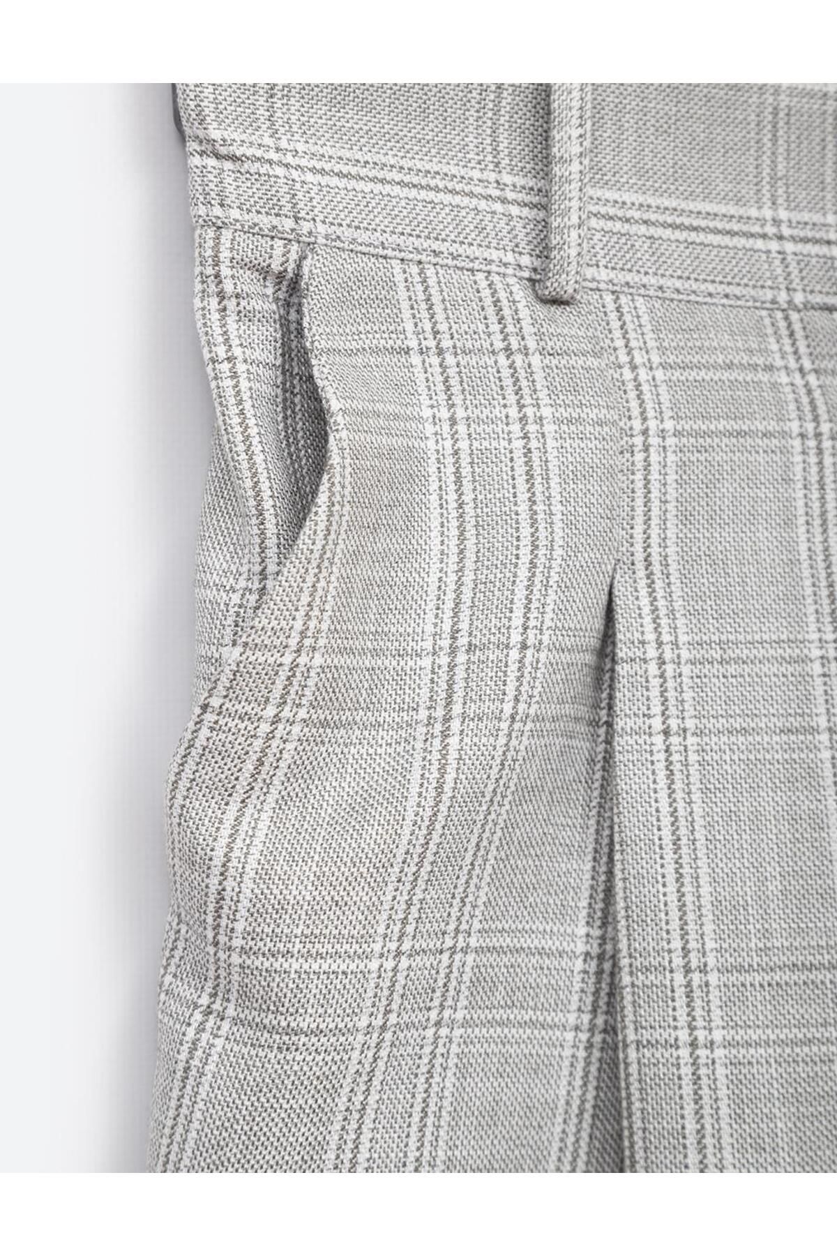 Kayra-Elastic Waist Pleated Plaid Trousers Gray 2