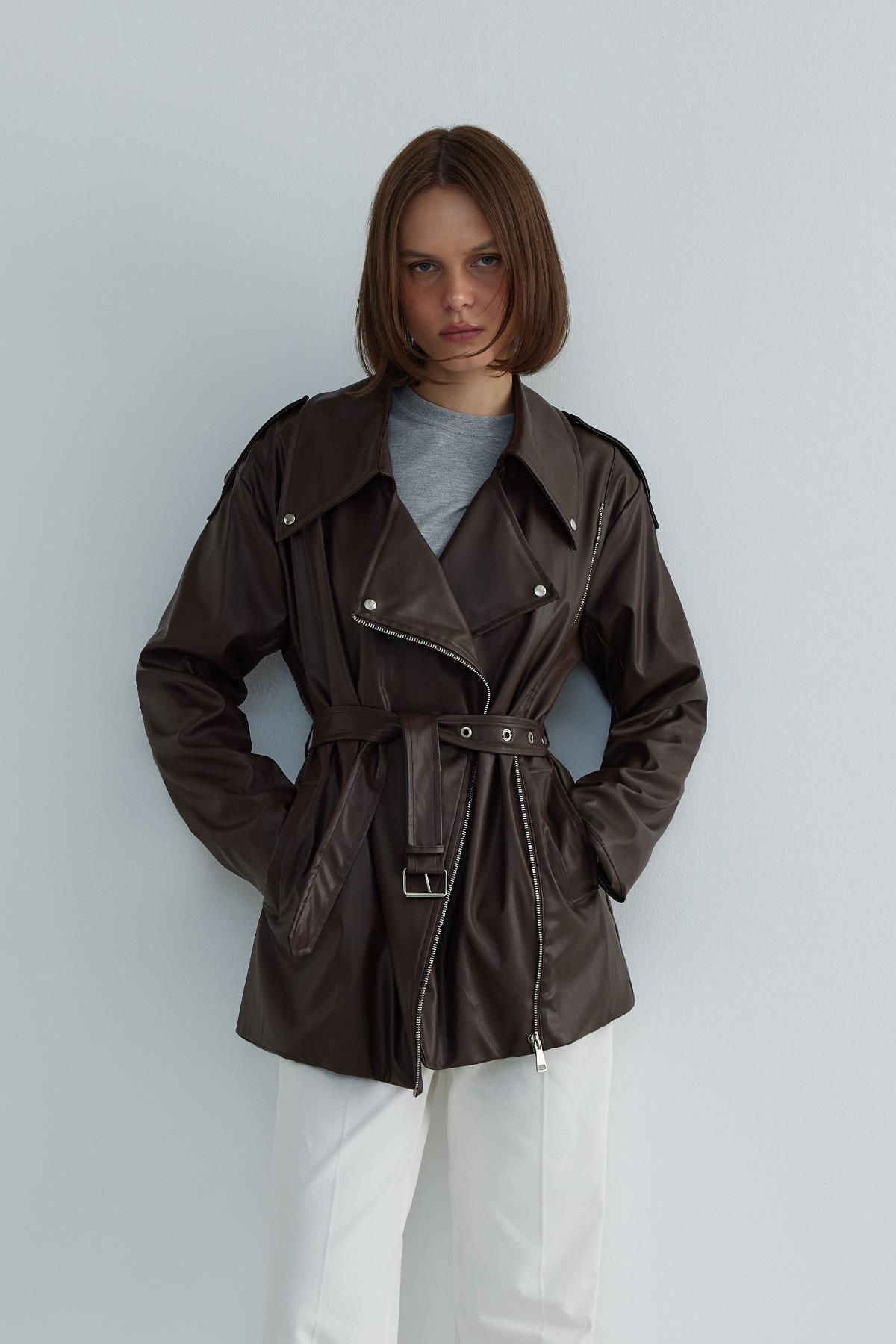 Suud Collection-Brown Leather Biker Trench Coat 1