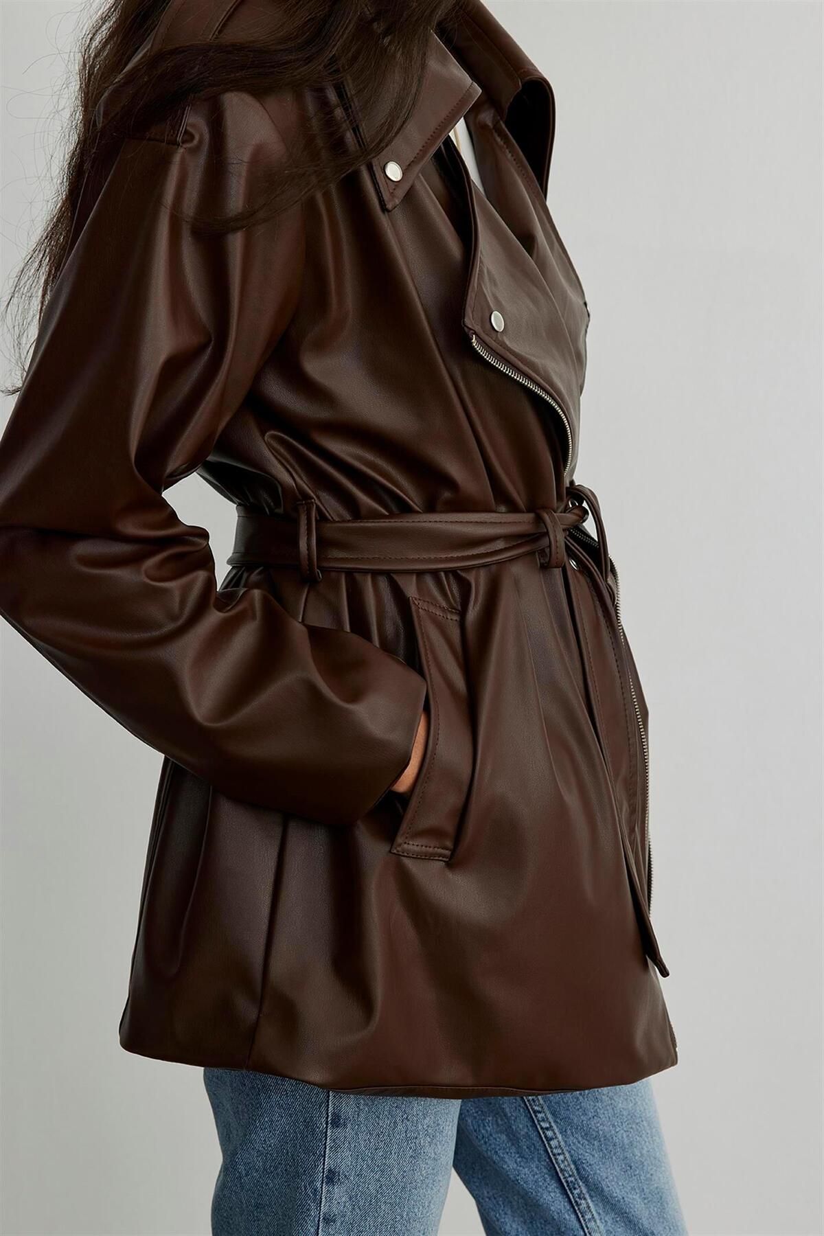 Suud Collection-Brown Leather Biker Trench Coat 5