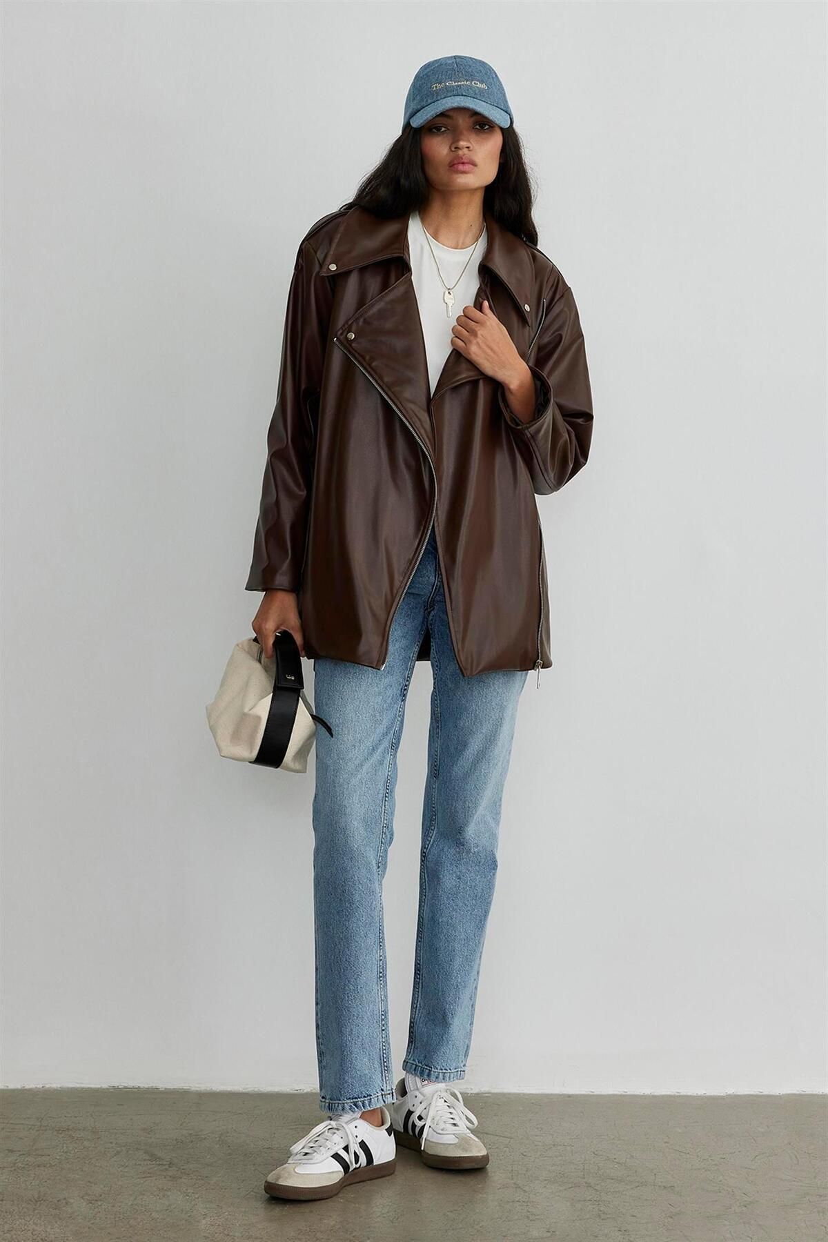 Suud Collection-Brown Leather Biker Trench Coat 2