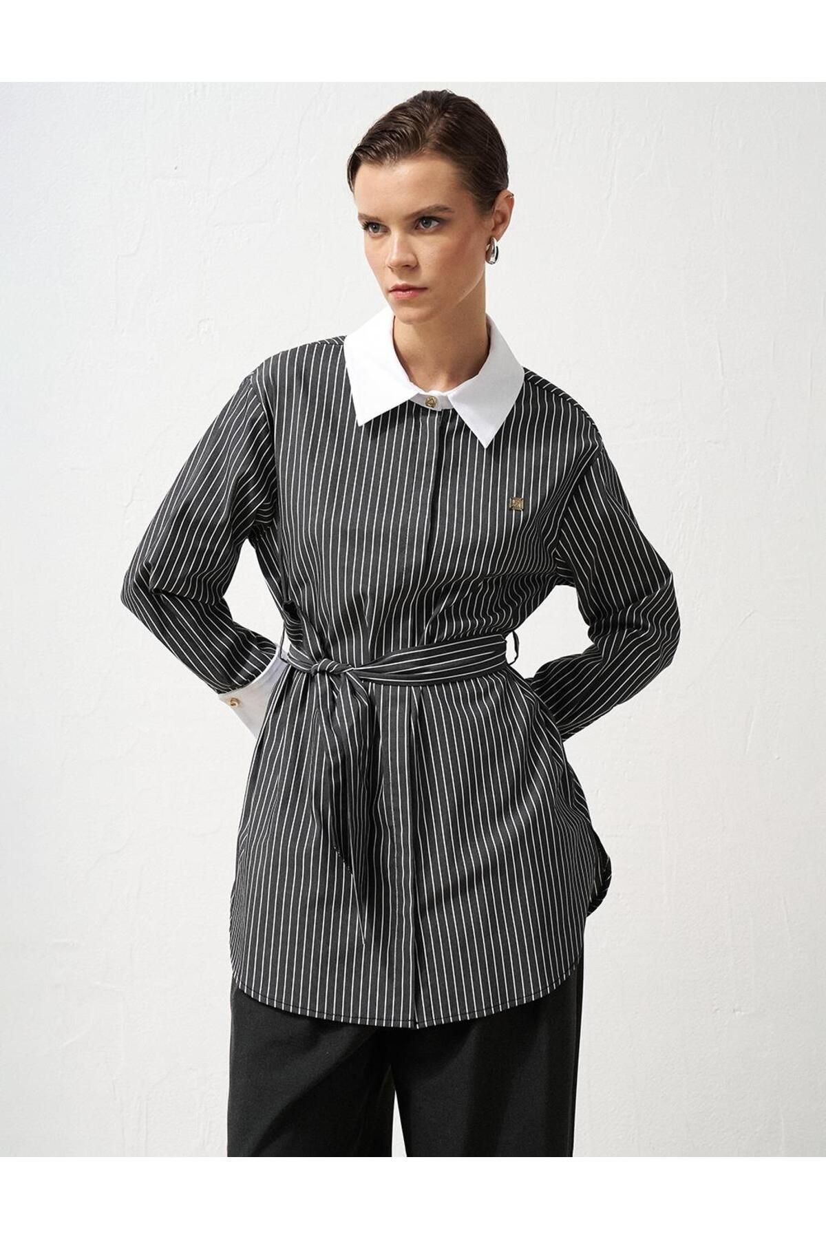 Kayra-Black Striped Belted Tunic 4