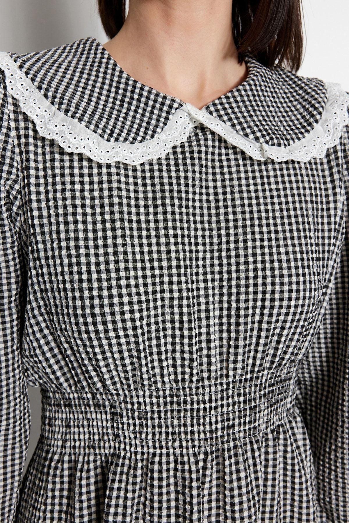 ERSEFA-V-Neck Long Sleeve A-Line Midi Hijab Dress - Night Seersucker Woven 5