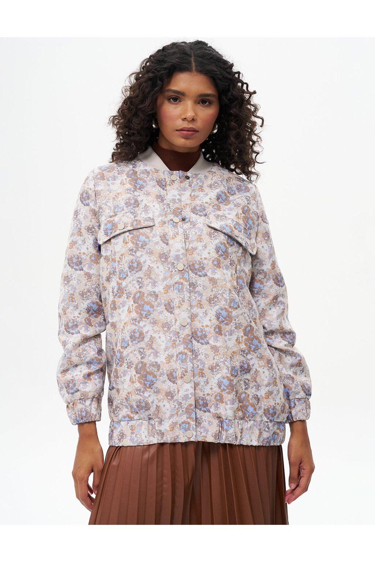 Kayra-Blue Aviator Abstract Patterned Jacket with Pockets 3