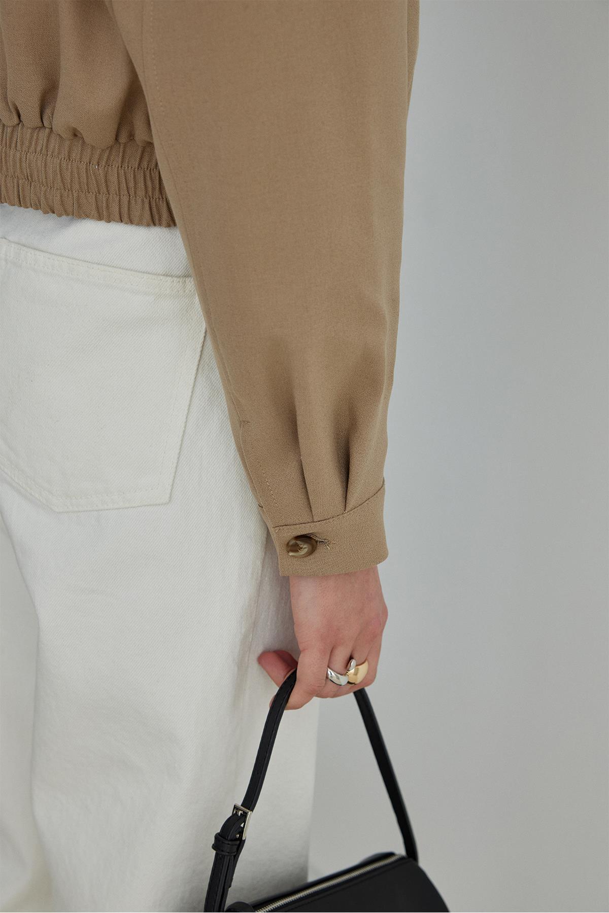 Suud Collection Camel Cooper Crop Bomber Ceket görsel 6