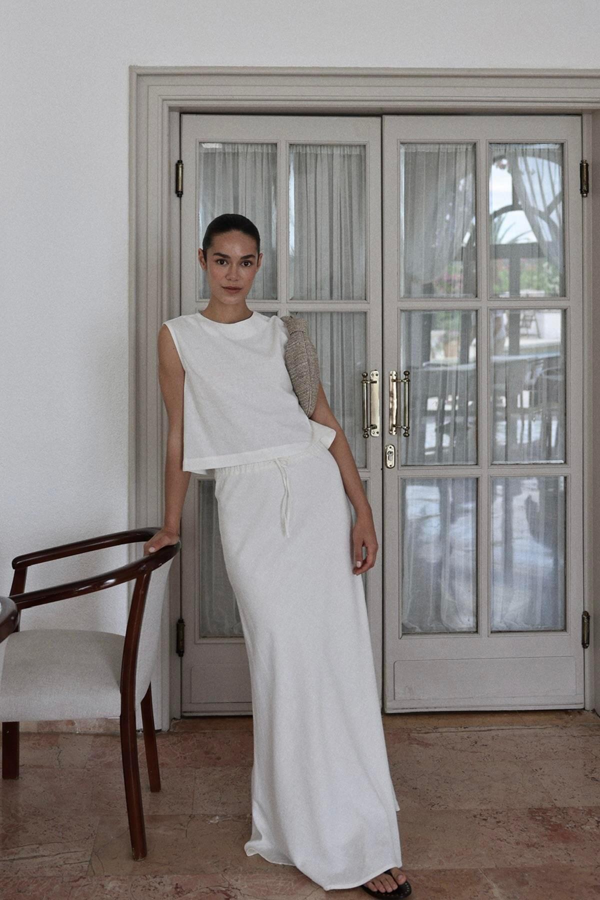 Suud Collection  Ekru Lavin Sıfır Kol Keten Bluz - Görsel 6